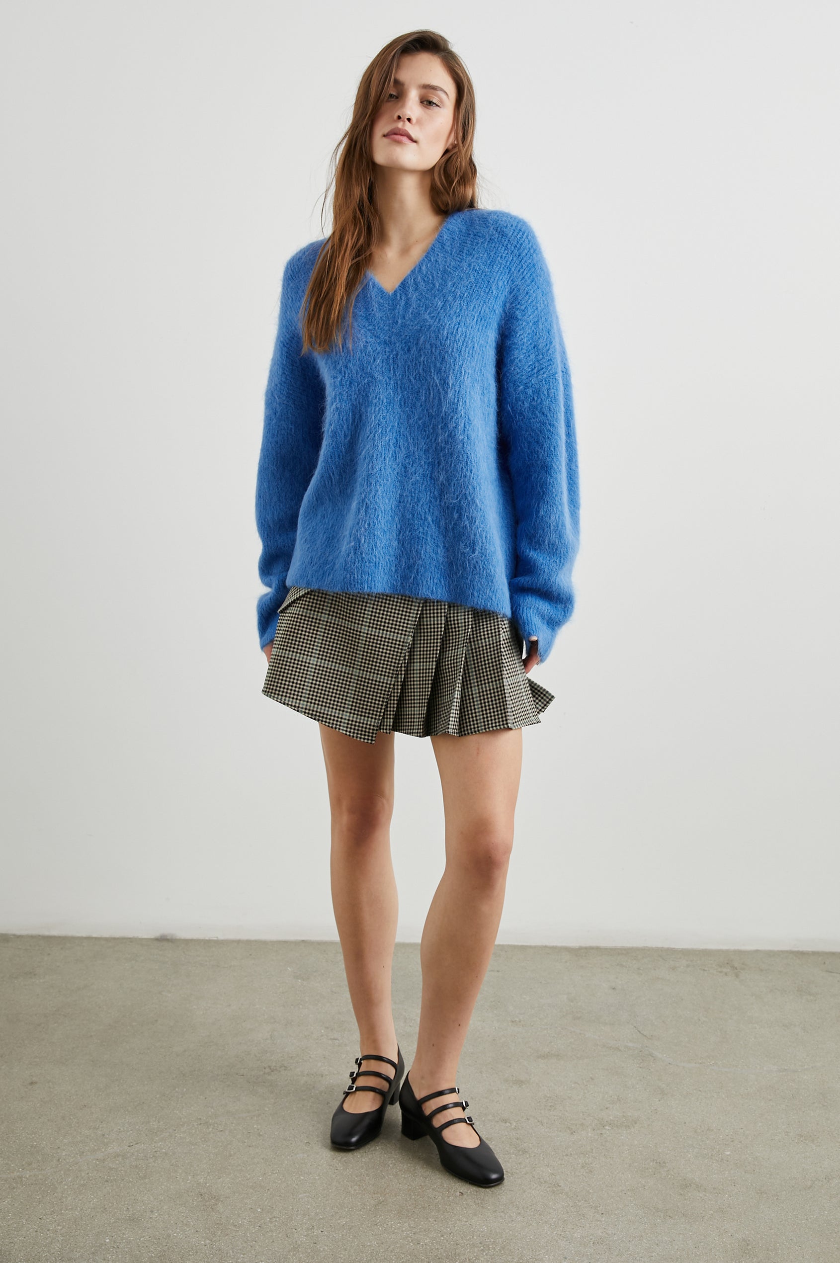 Jodie Long-Sleeve Sweater with a V Neck in Cobalt Colorway  - Front Full Body View Featured on Model