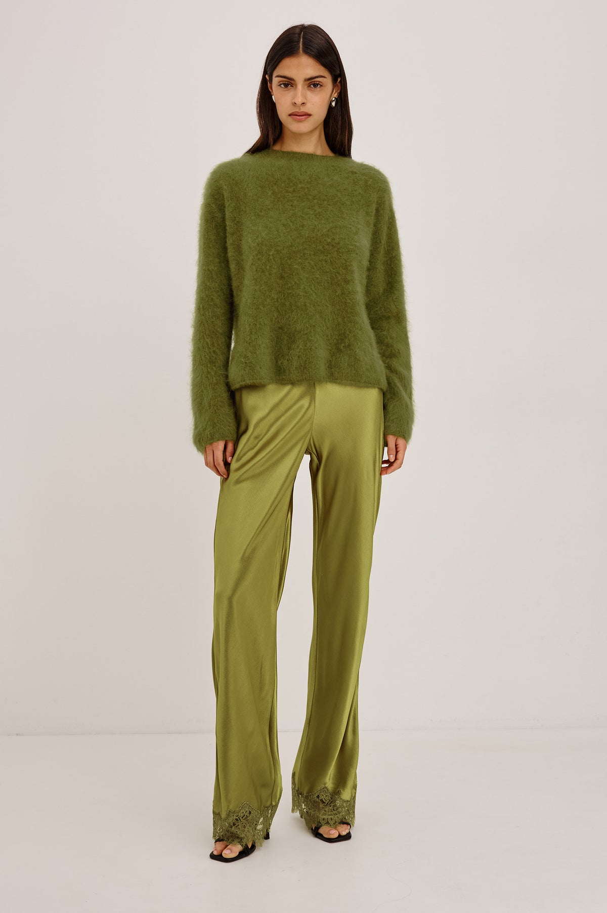 Joel Sweater in Brushed Wool With Oversized Boxy Relaxed Fit, Drop Shoulders, and Mock Neckline in Celery Colorway - Full Body Front View Featured on Model.