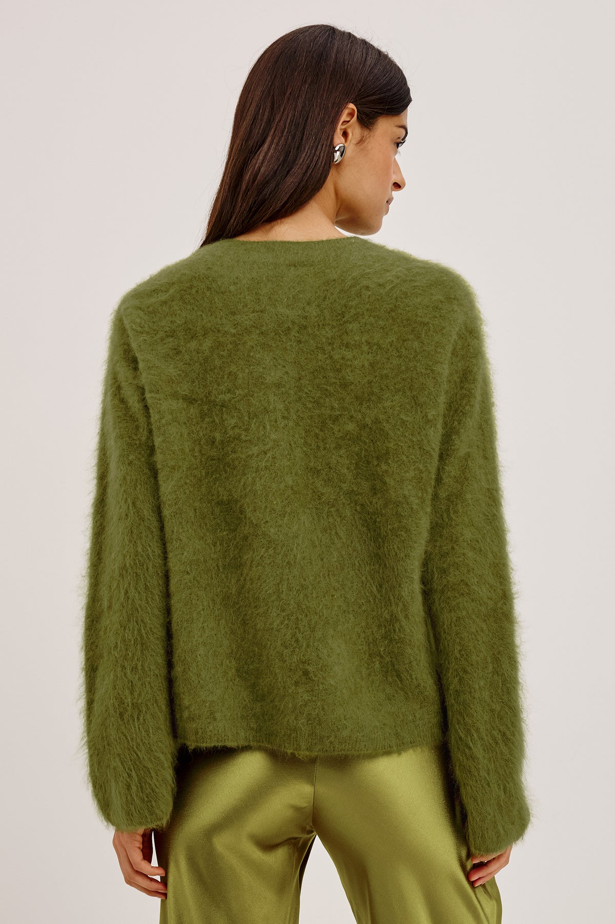 Joel Sweater in Brushed Wool With Oversized Boxy Relaxed Fit, Drop Shoulders, and Mock Neckline in Celery Colorway - Upper Body Back View Featured on Model.