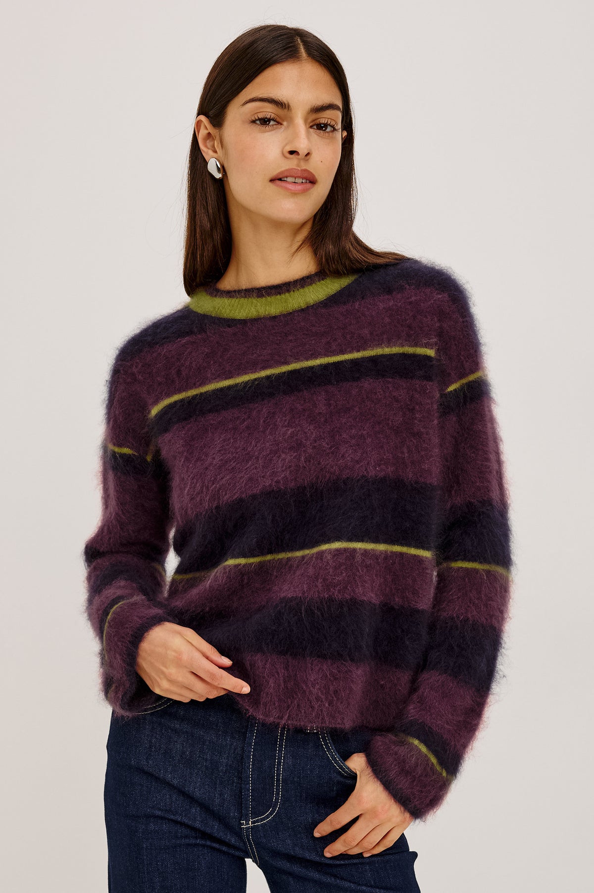 Joel Sweater in Brushed Wool With Oversized Boxy Relaxed Fit, Drop Shoulders, and Mock Neckline in Gem Stripe ColorwayUpper Body Front View Featured on Model.