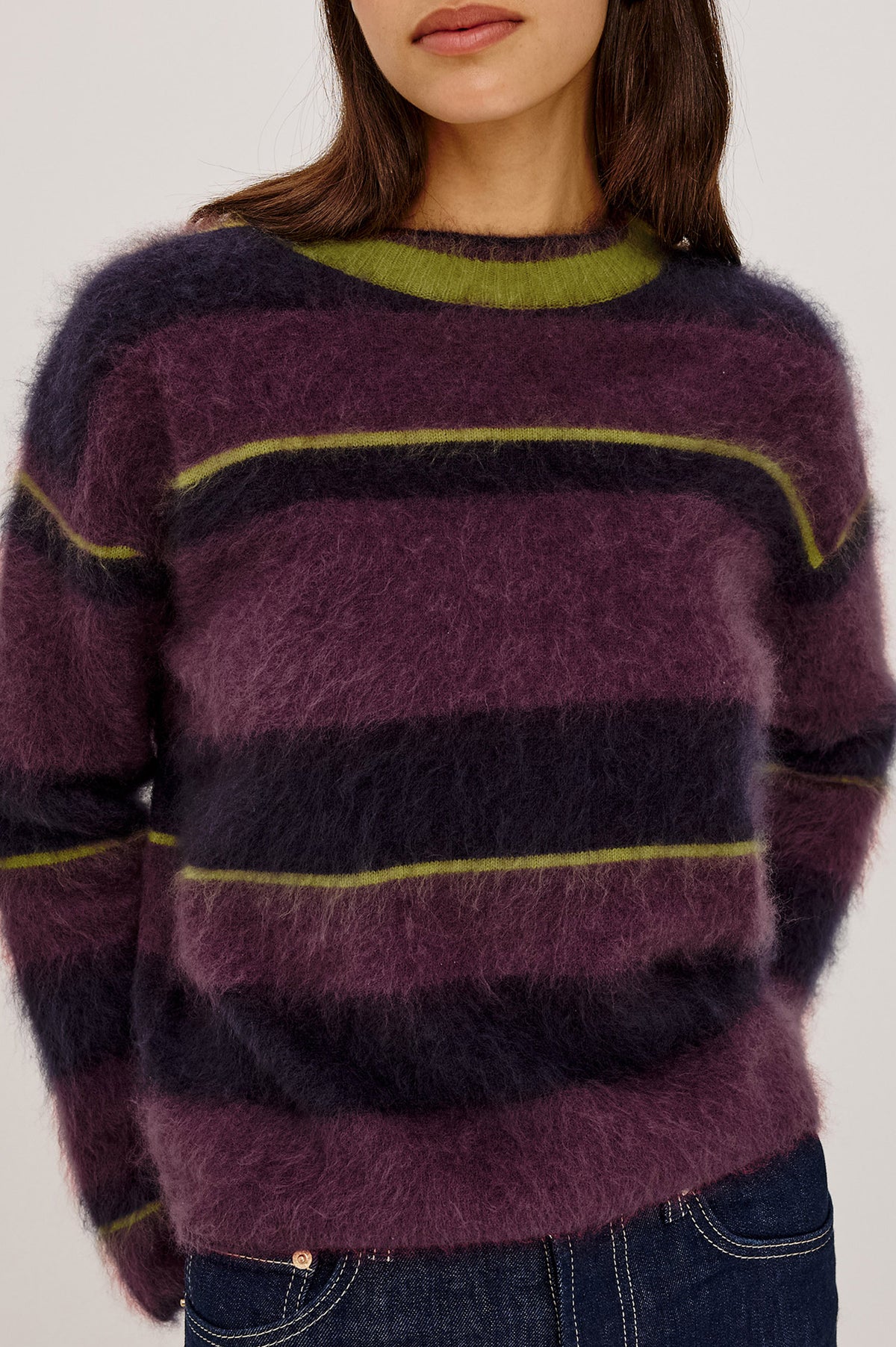 Joel Sweater in Brushed Wool With Oversized Boxy Relaxed Fit, Drop Shoulders, and Mock Neckline in Gem Stripe ColorwayUpper Body Front Detail View Featured on Model.