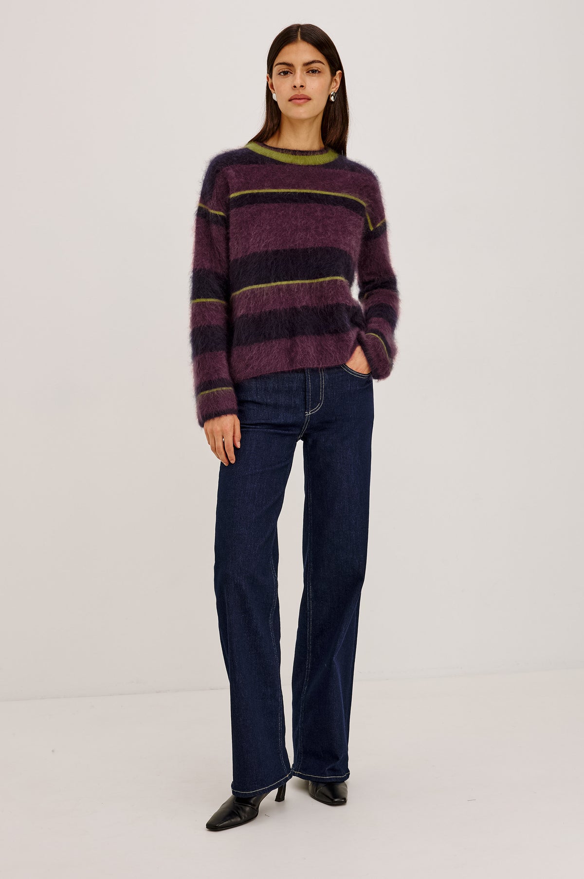 Joel Sweater in Brushed Wool With Oversized Boxy Relaxed Fit, Drop Shoulders, and Mock Neckline in Gem Stripe ColorwayFull Body Front View Featured on Model.