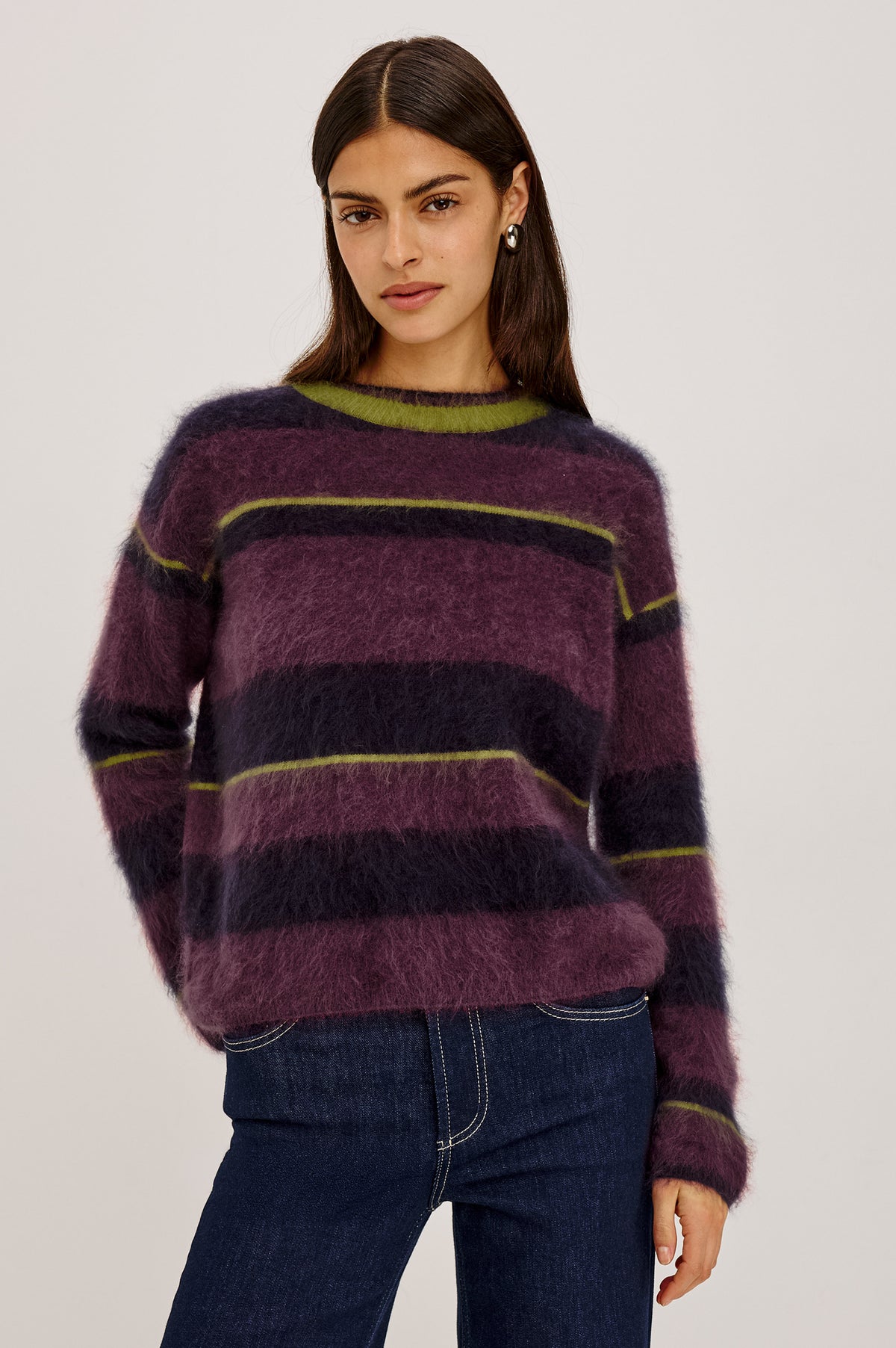 Joel Sweater in Brushed Wool With Oversized Boxy Relaxed Fit, Drop Shoulders, and Mock Neckline in Gem Stripe ColorwayFront View Featured on Model.