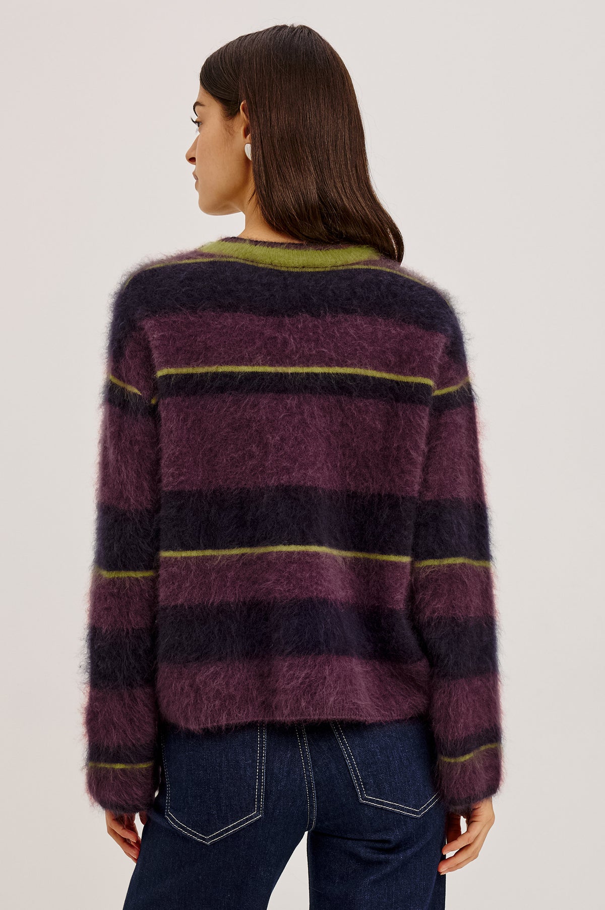 Joel Sweater in Brushed Wool With Oversized Boxy Relaxed Fit, Drop Shoulders, and Mock Neckline in Gem Stripe ColorwayUpper Body Back View Featured on Model.