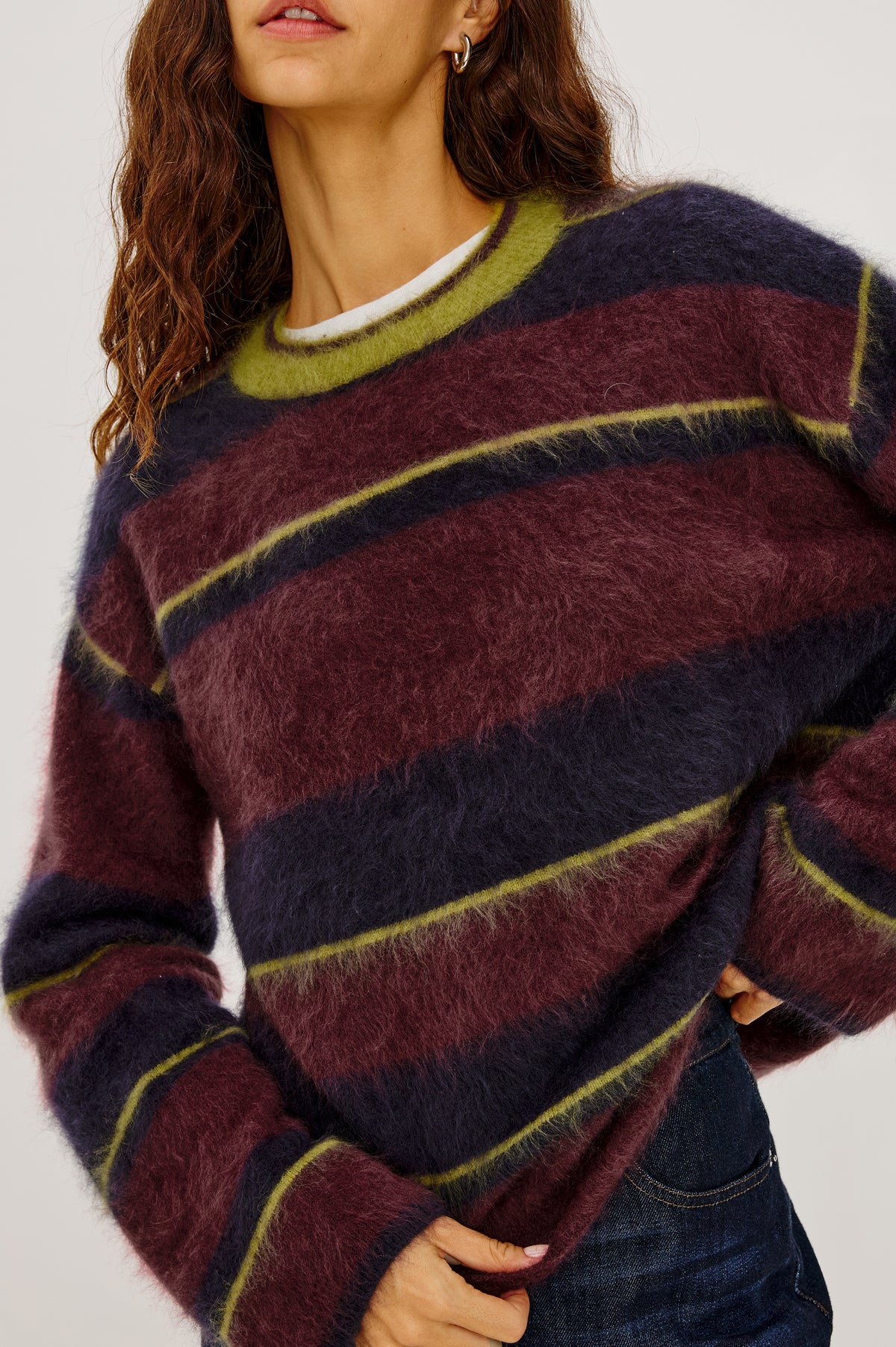 Joel Sweater in Wool Cashmere Blend With Crew Neckline, Long Bell Sleeves, and Relaxed Pullover Fit in Gem Stripe Colorway - Upper Body Front Close Up View Featured on Model