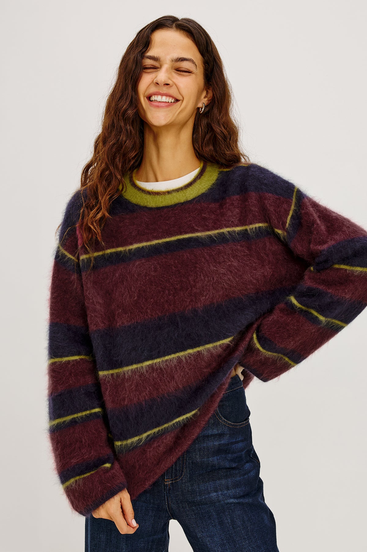 Joel Sweater in Wool Cashmere Blend With Crew Neckline, Long Bell Sleeves, and Relaxed Pullover Fit in Gem Stripe Colorway - Upper Body Front View Featured on Model
