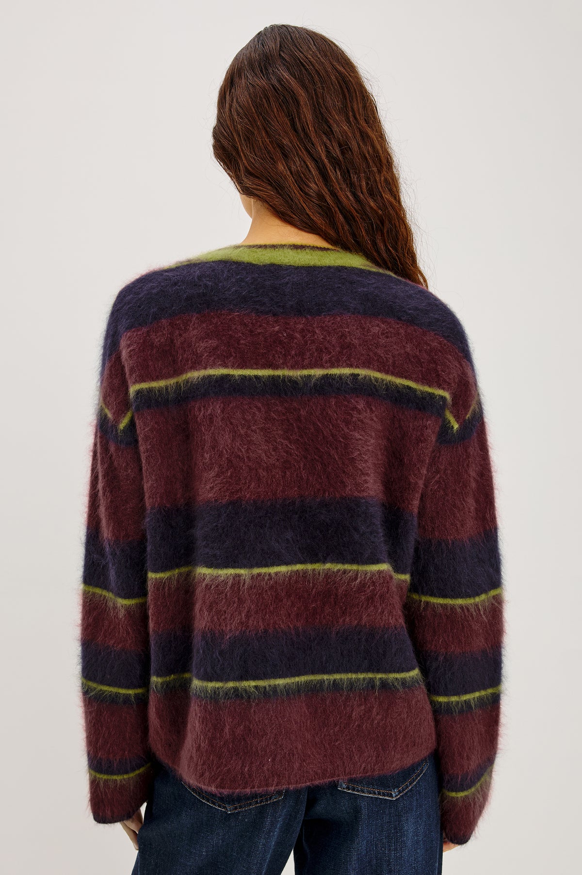Joel Sweater in Wool Cashmere Blend With Crew Neckline, Long Bell Sleeves, and Relaxed Pullover Fit in Gem Stripe Colorway - Upper Body Back View Featured on Model