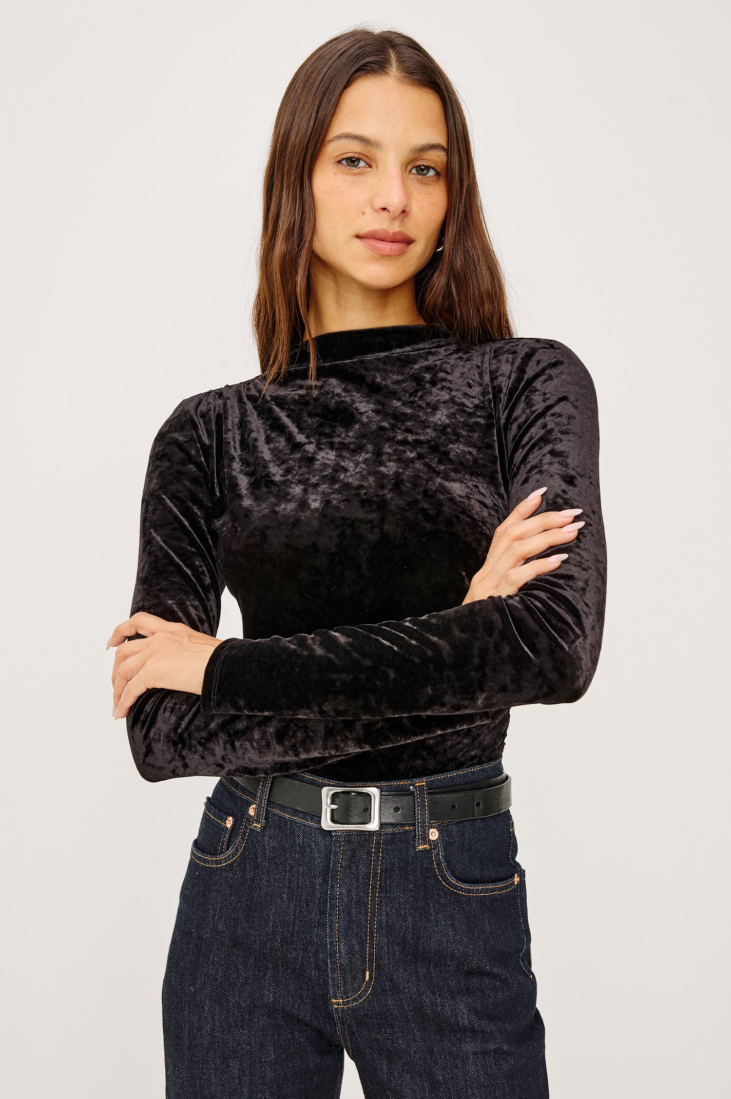 Joelle Top in Stretch Velvet With Subtle Mock Neck, Fitted Silhouette, Side Shirring, and Long Sleeves in Ginger Colorway - Full Body Front View Featued on Model