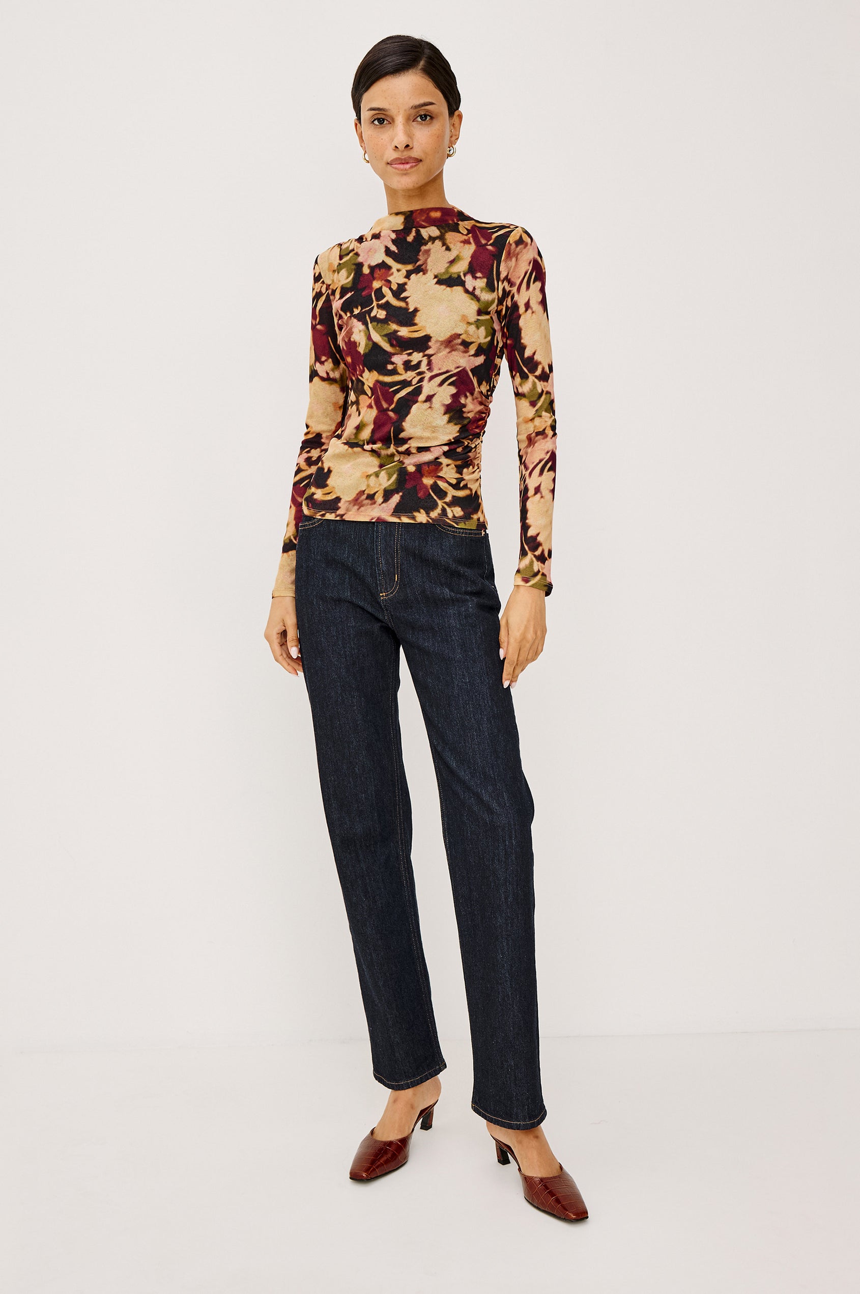 Joelle Top in Mesh With High Funnel Neckline, Long Sleeves, Self-Lined Body, and Asymmetric Ruching at Shoulder and Waist in Dark Flora Colorway - Full Body Front View Featured on Model