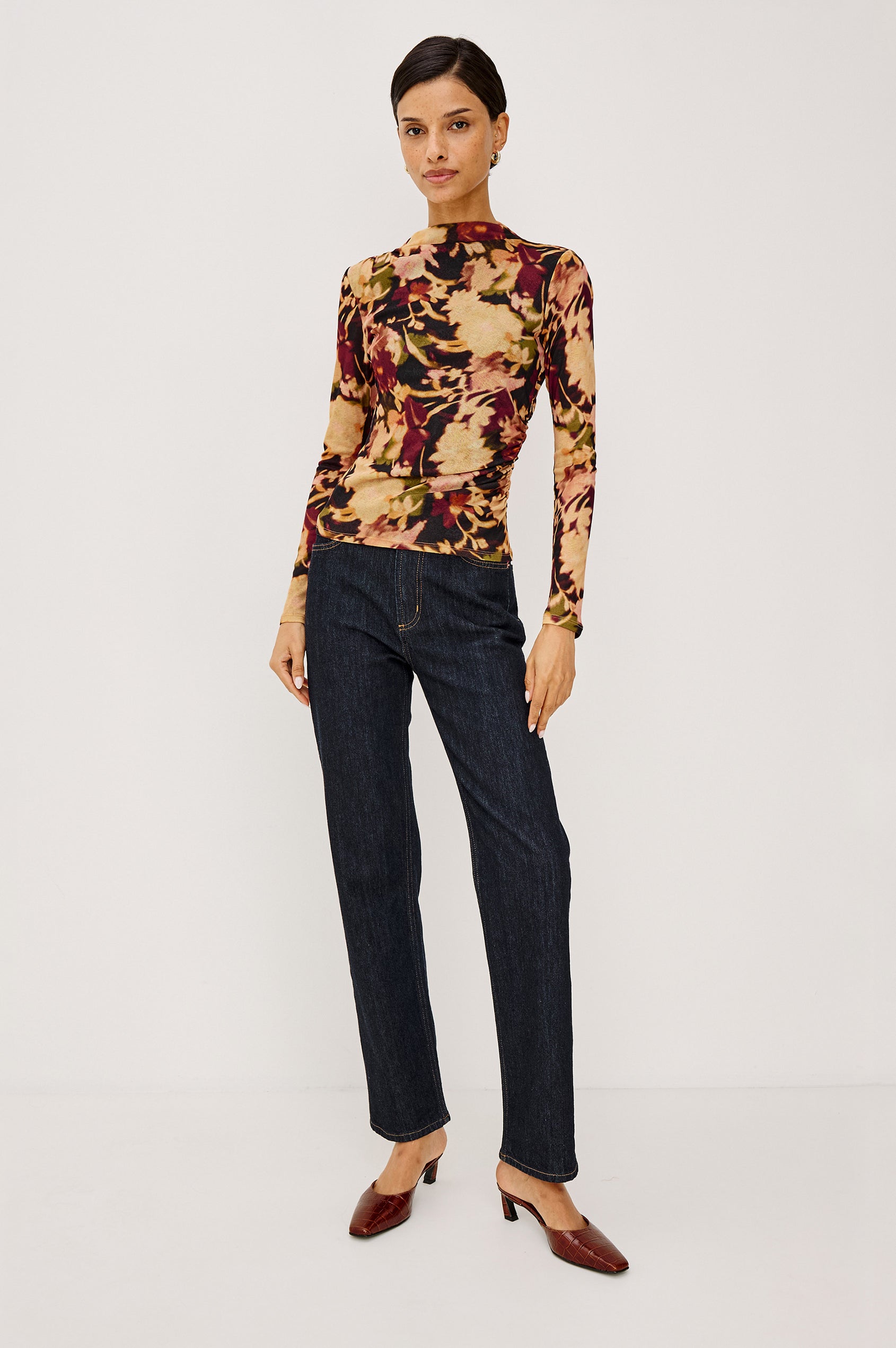 Joelle Top in Mesh With High Funnel Neckline, Long Sleeves, Self-Lined Body, and Asymmetric Ruching at Shoulder and Waist in Dark Flora Colorway - Full Body Front View Featured on Model