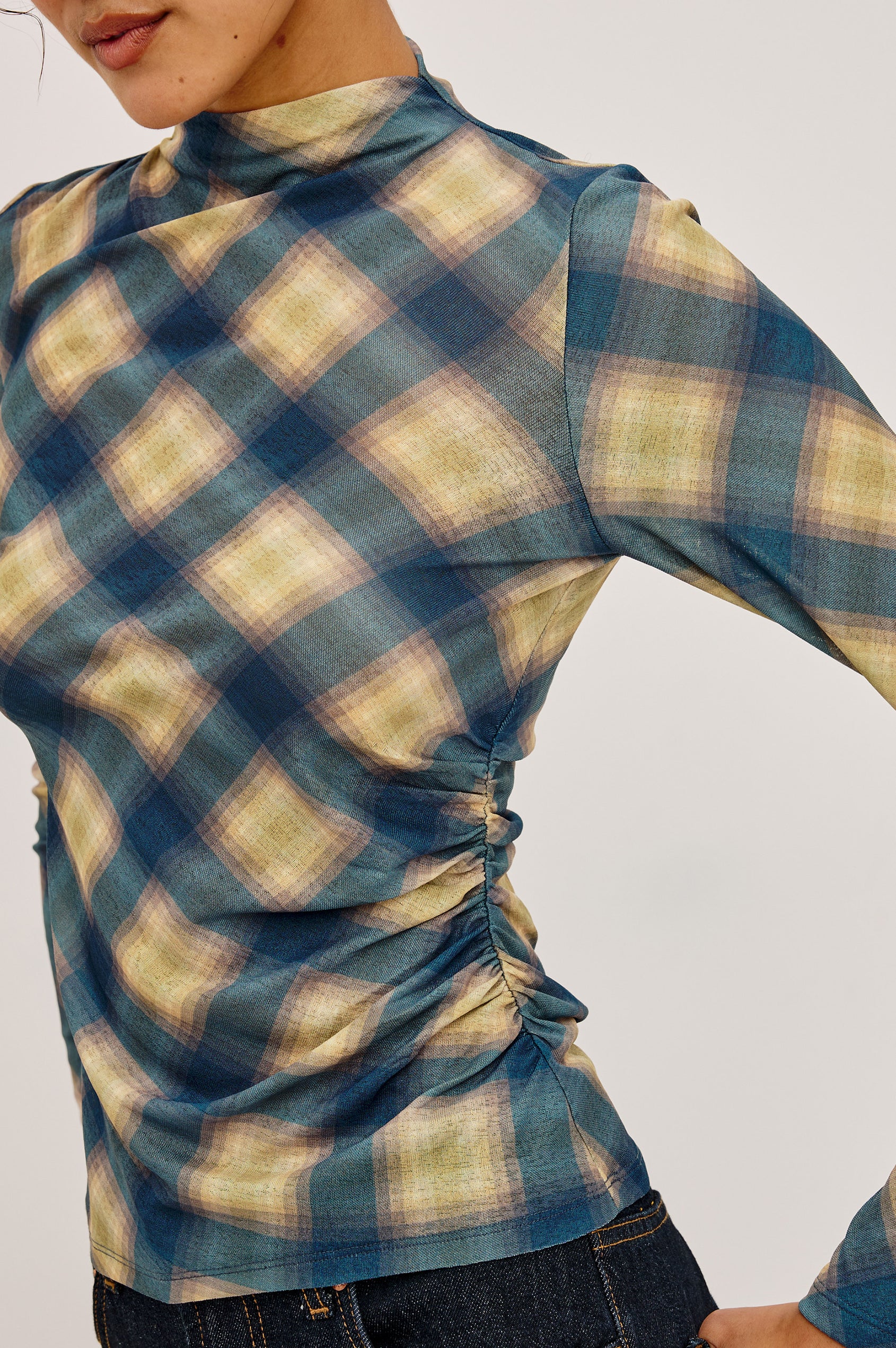 Joelle Top in Mesh With High Funnel Neckline, Long Sleeves, Self-Lined Body, and Asymmetric Ruching at Shoulder and Waist in Navy Sage Plaid Colorway - Upper Body Front View Featured on Model