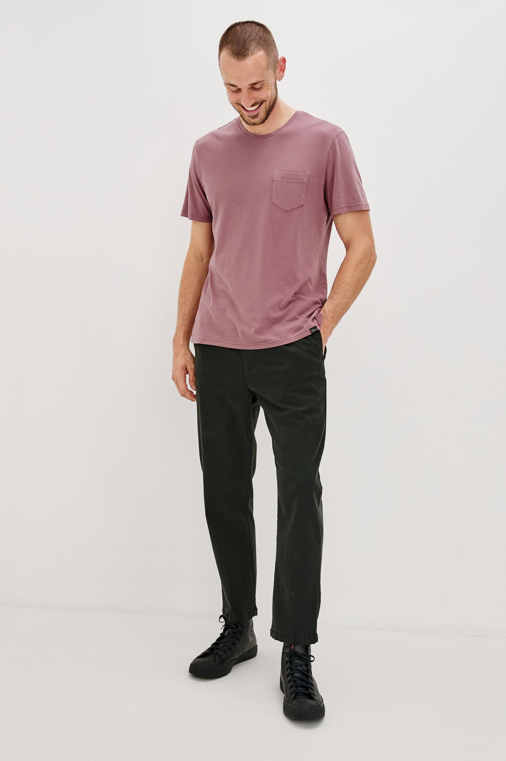 Johnny Short Sleeve T-Shirt with a Crew Neck, Chest Patch Pocket and Small Slits at the Side Hems in Cranberry Colorway - Front Full Body View Featured on Model