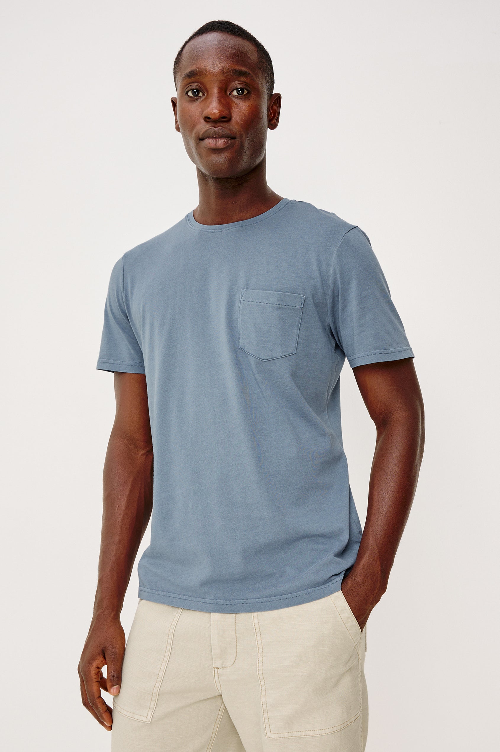 Johnny T-Shirt in Modal Jersey With Short Sleeves, Chest Patch Pocket, and Classic Fit in Steel Colorway - Upper Body Front View Featured on Model