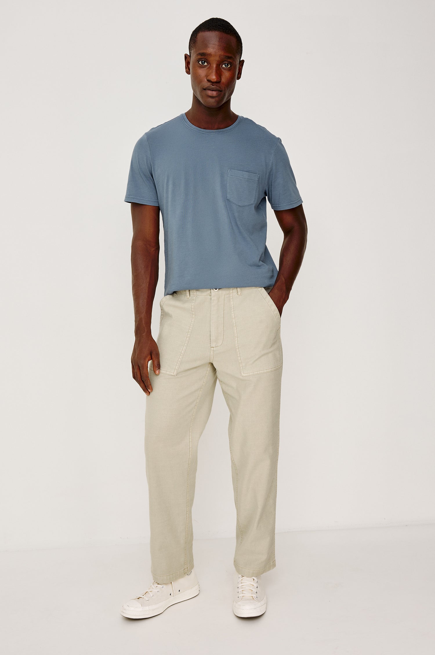 Johnny T-Shirt in Modal Jersey With Short Sleeves, Chest Patch Pocket, and Classic Fit in Steel Colorway - Full Body Front View Featured on Model