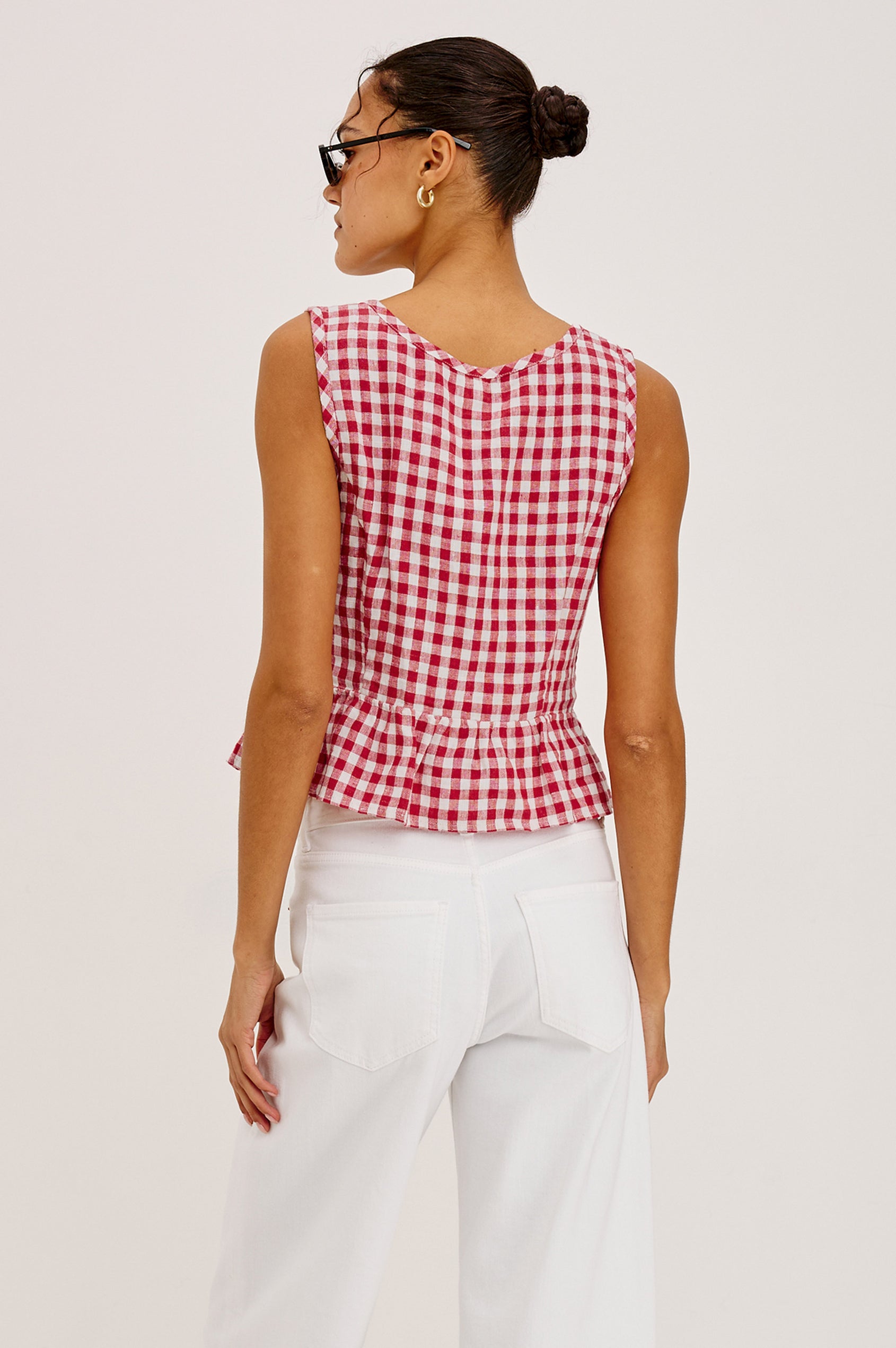 Jonah Crop Top in Linen With Plunging Front With Self-Ties, Side Seam Zipper, Front Princess Seams, and Peplum Hem in Picnic Check Colorway - Upper Body Back View Featured on Model