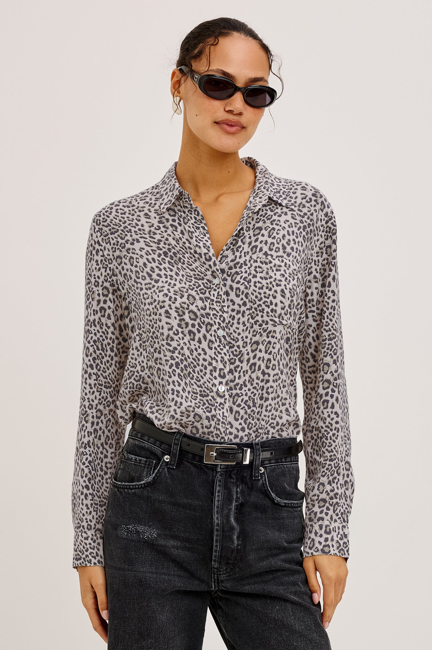 Josephine Shirt in Featherweight Rayon With Relaxed Fit, Collar, and Button Front in Ecru Cheetah Colorway - Upper Body Front View Featured on Model