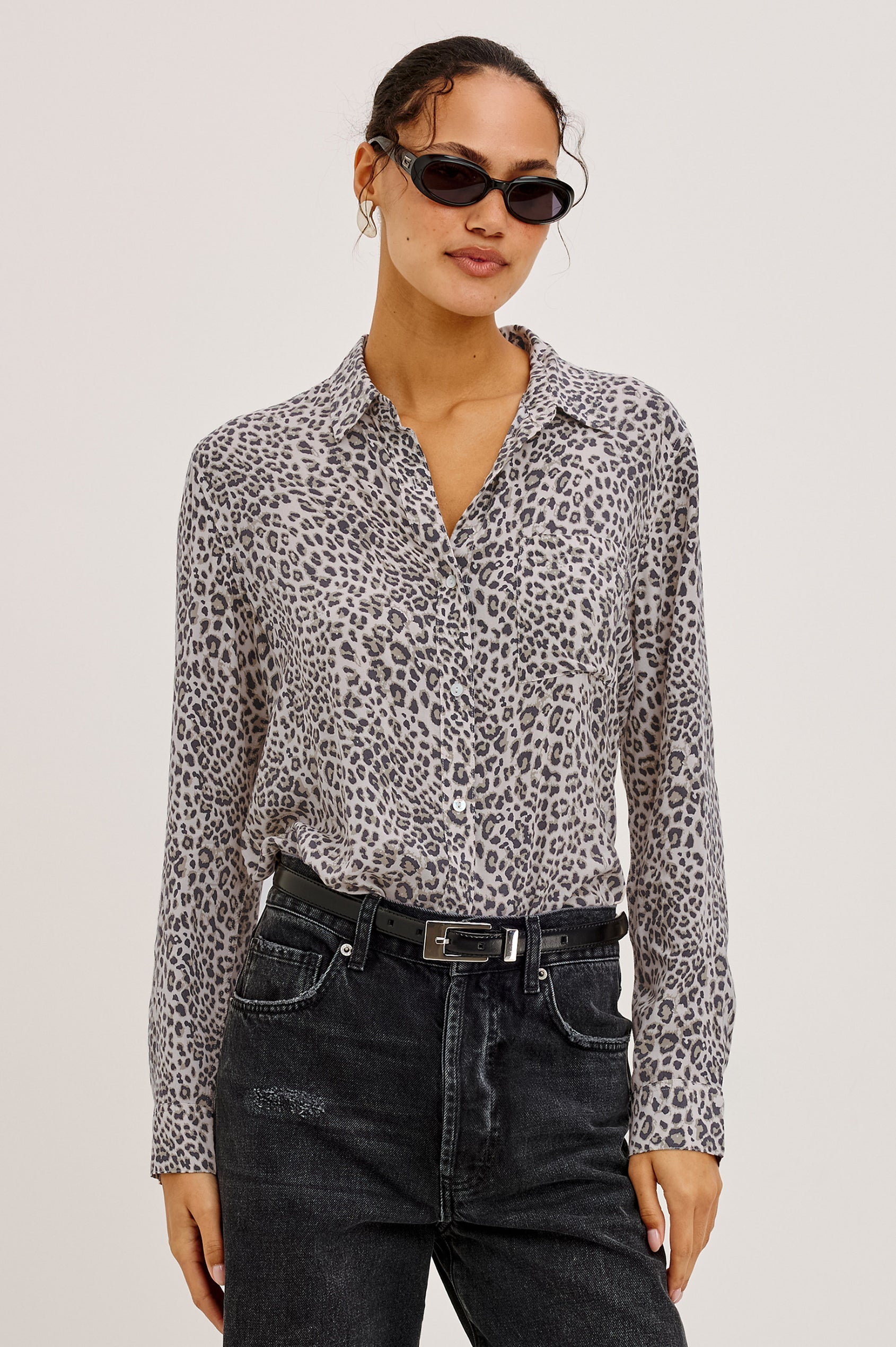 Josephine Shirt in Featherweight Rayon With Relaxed Fit, Collar, and Button Front in Ecru Cheetah Colorway - Upper Body Front View Featured on Model