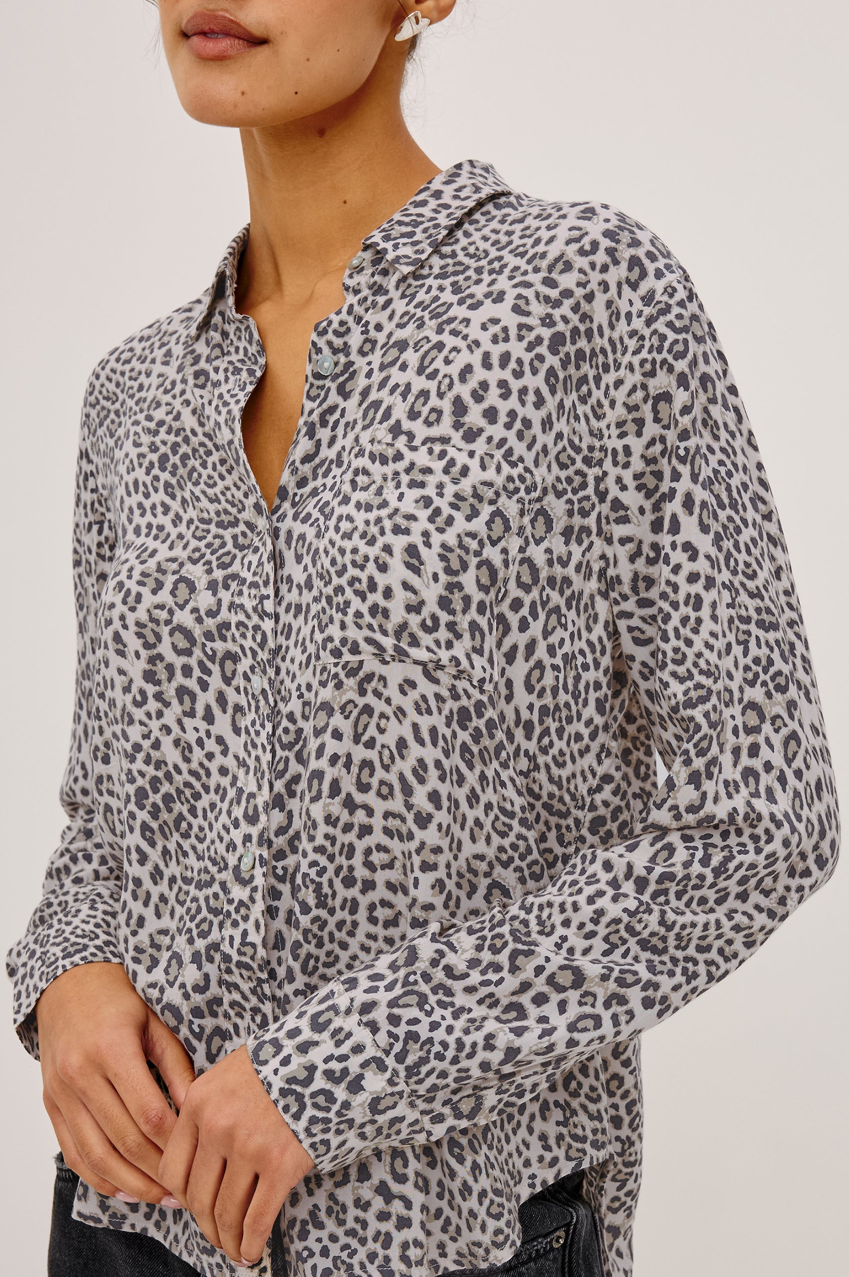Josephine Shirt in Featherweight Rayon With Relaxed Fit, Collar, and Button Front in Ecru Cheetah Colorway - Upper Body Front View Featured on Model