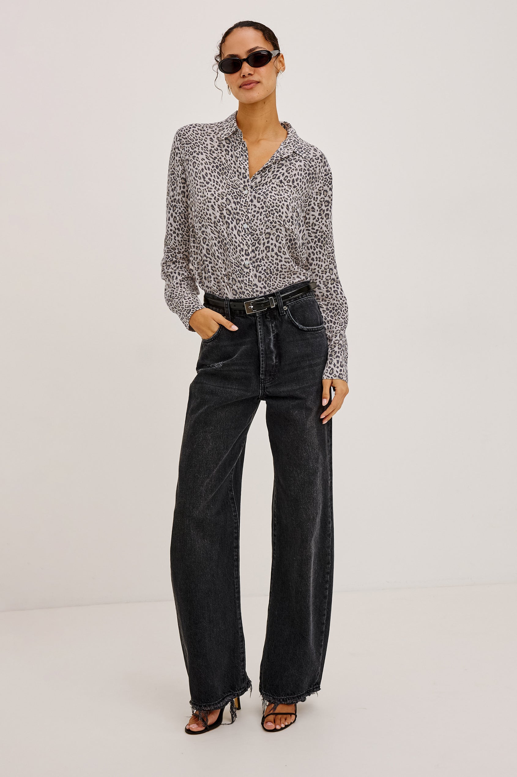 Josephine Shirt in Featherweight Rayon With Relaxed Fit, Collar, and Button Front in Ecru Cheetah Colorway - Full Body Front View Featured on Model