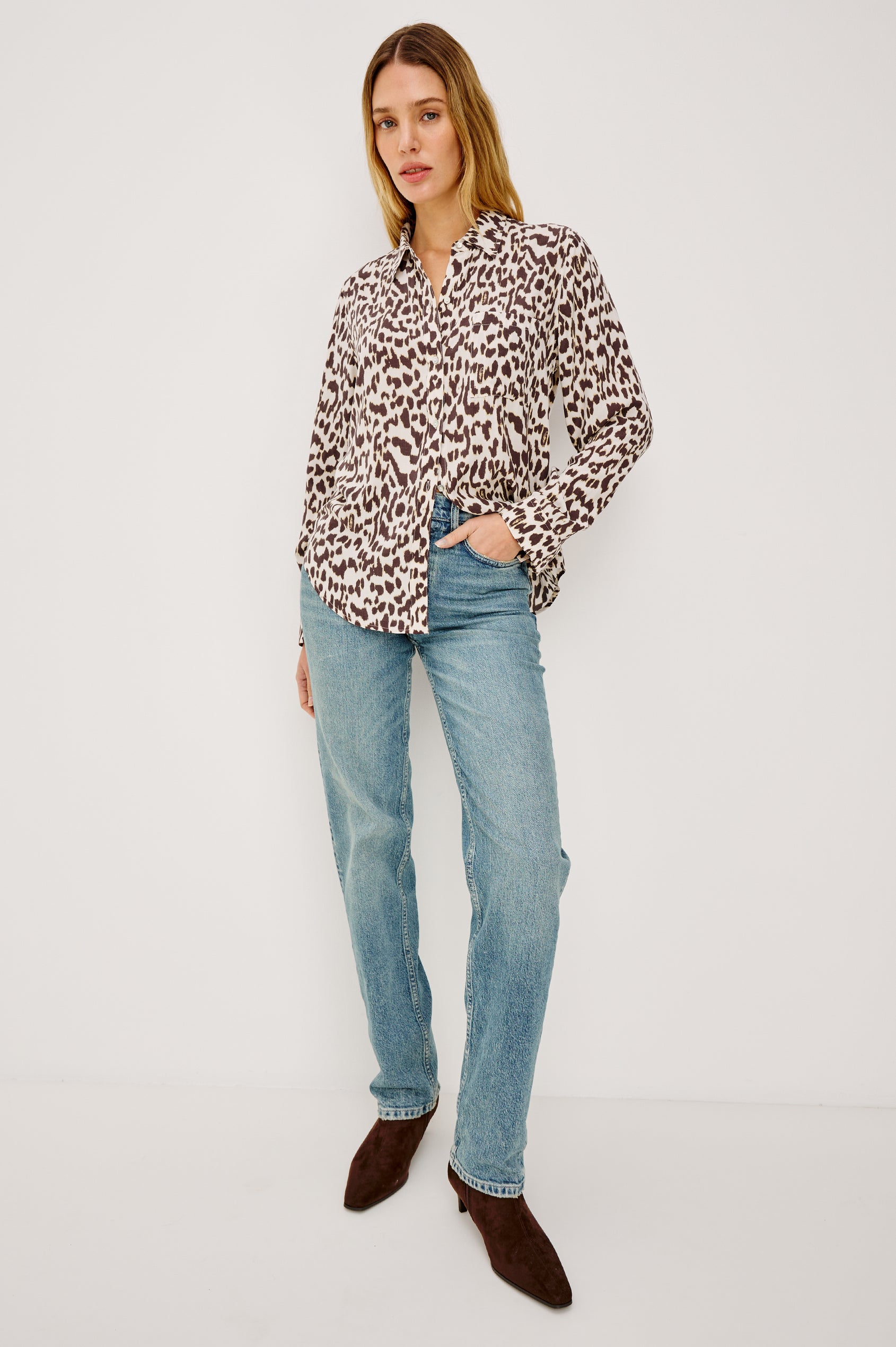 Josephine Collared Button Front Shirt with Long Sleeves and a Front Chest Pocket in Jaguar Colorway. Front View of Model Shown.