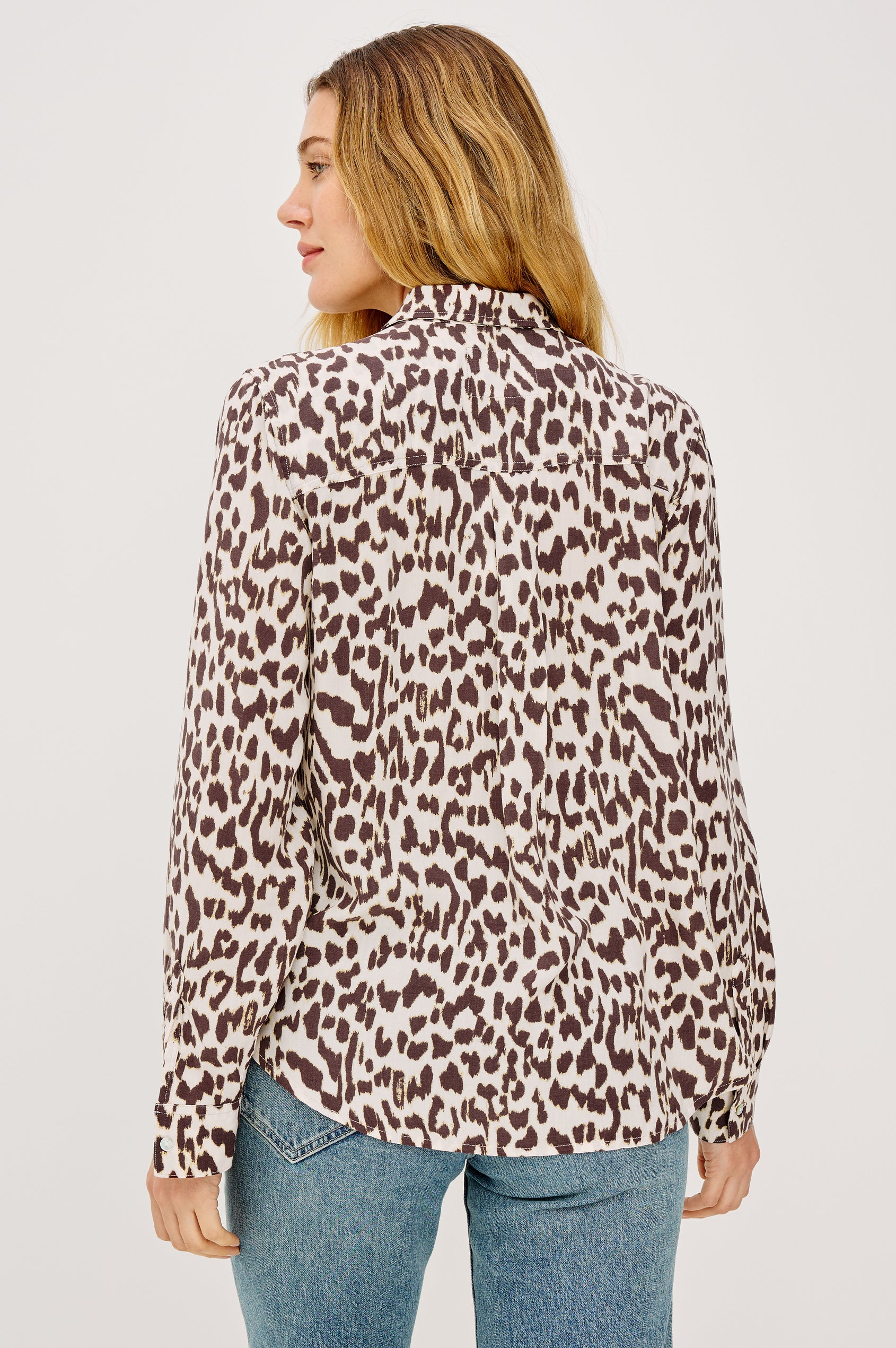 Josephine Collared Button Front Shirt with Long Sleeves and a Front Chest Pocket in Jaguar Colorway. Back View of Model Shown.