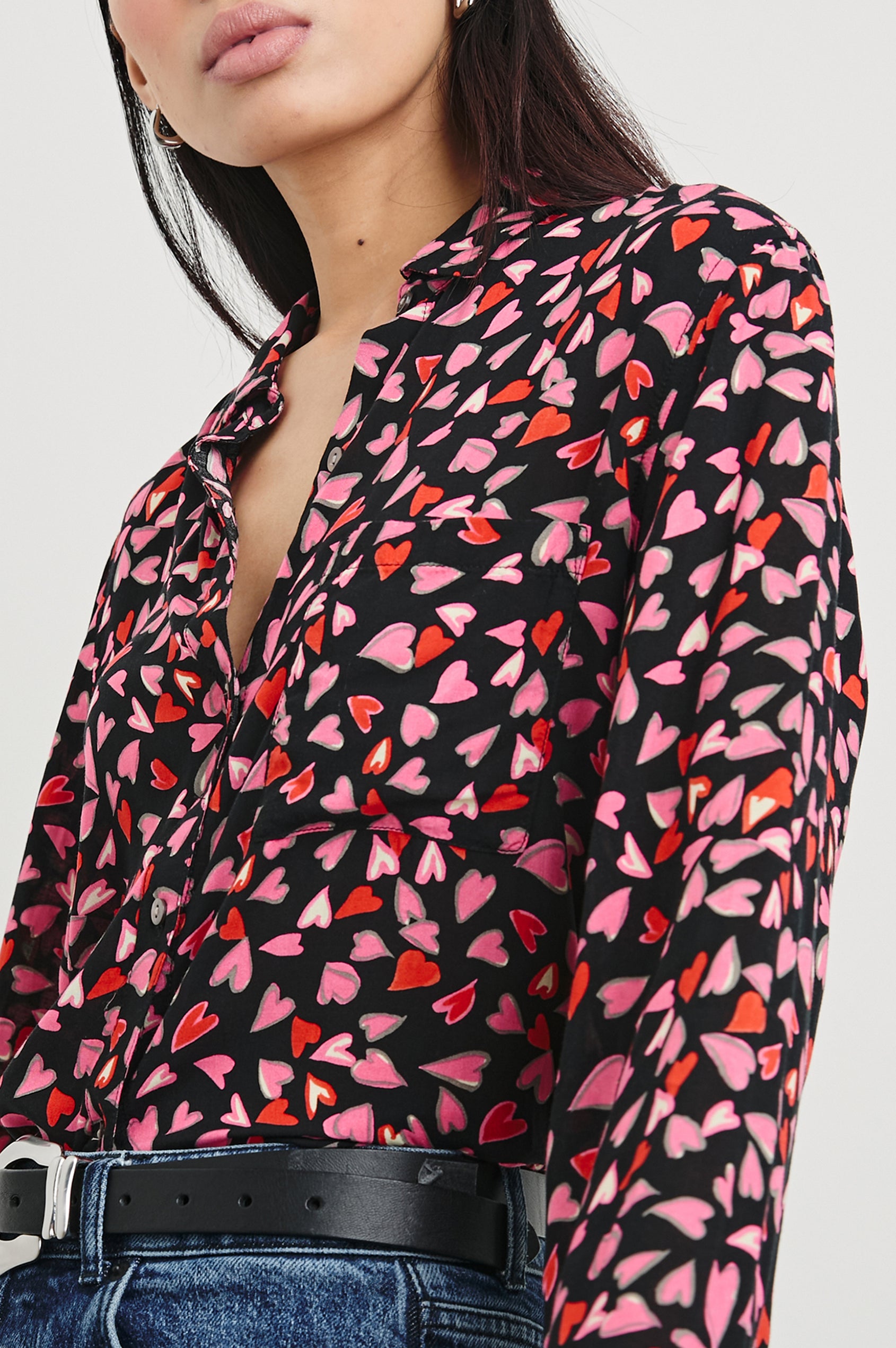 Josephine Long-Sleeve Button Down with a Chest Patch Pocket in Love Struck Colorway, hearts in red and pinks on black - Front View Featured on Model