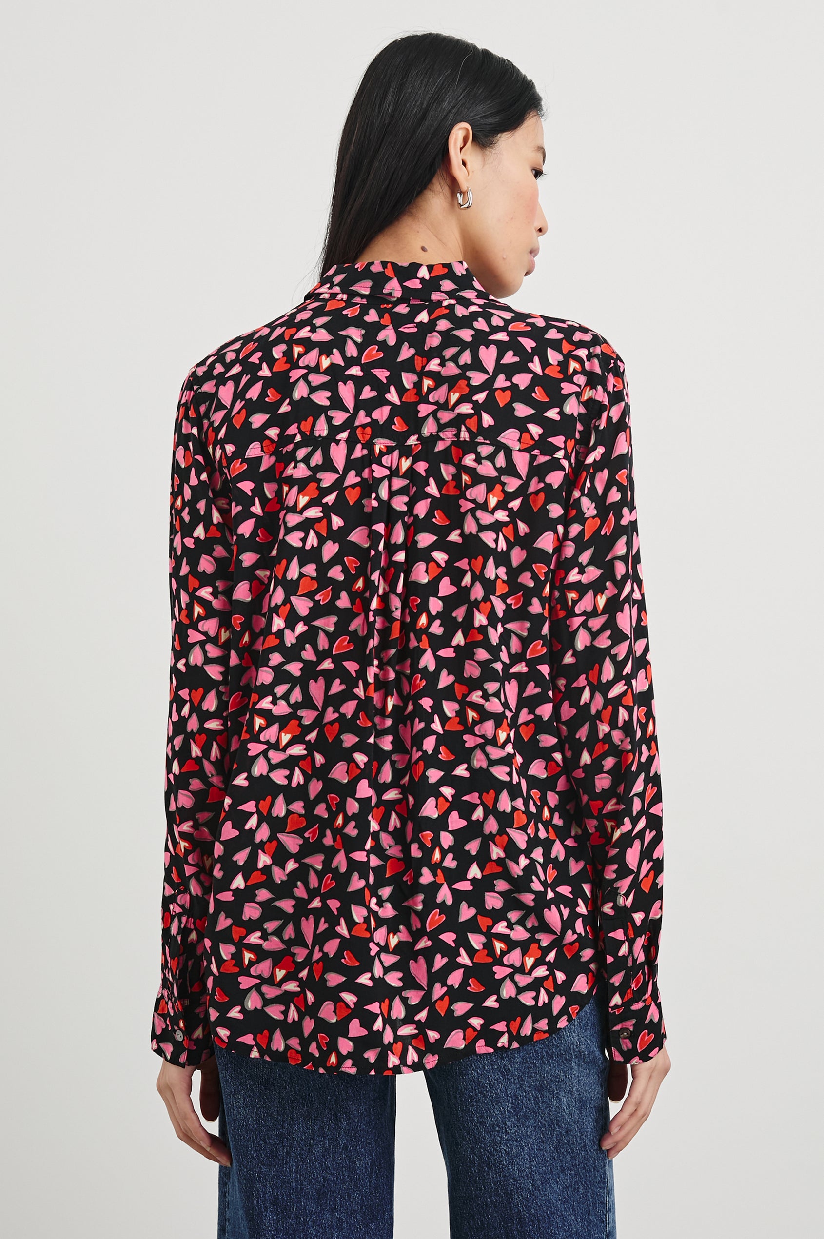 Josephine Long-Sleeve Button Down with a Chest Patch Pocket in Love Struck Colorway, hearts in red and pinks on black - Back View Featured on Model
