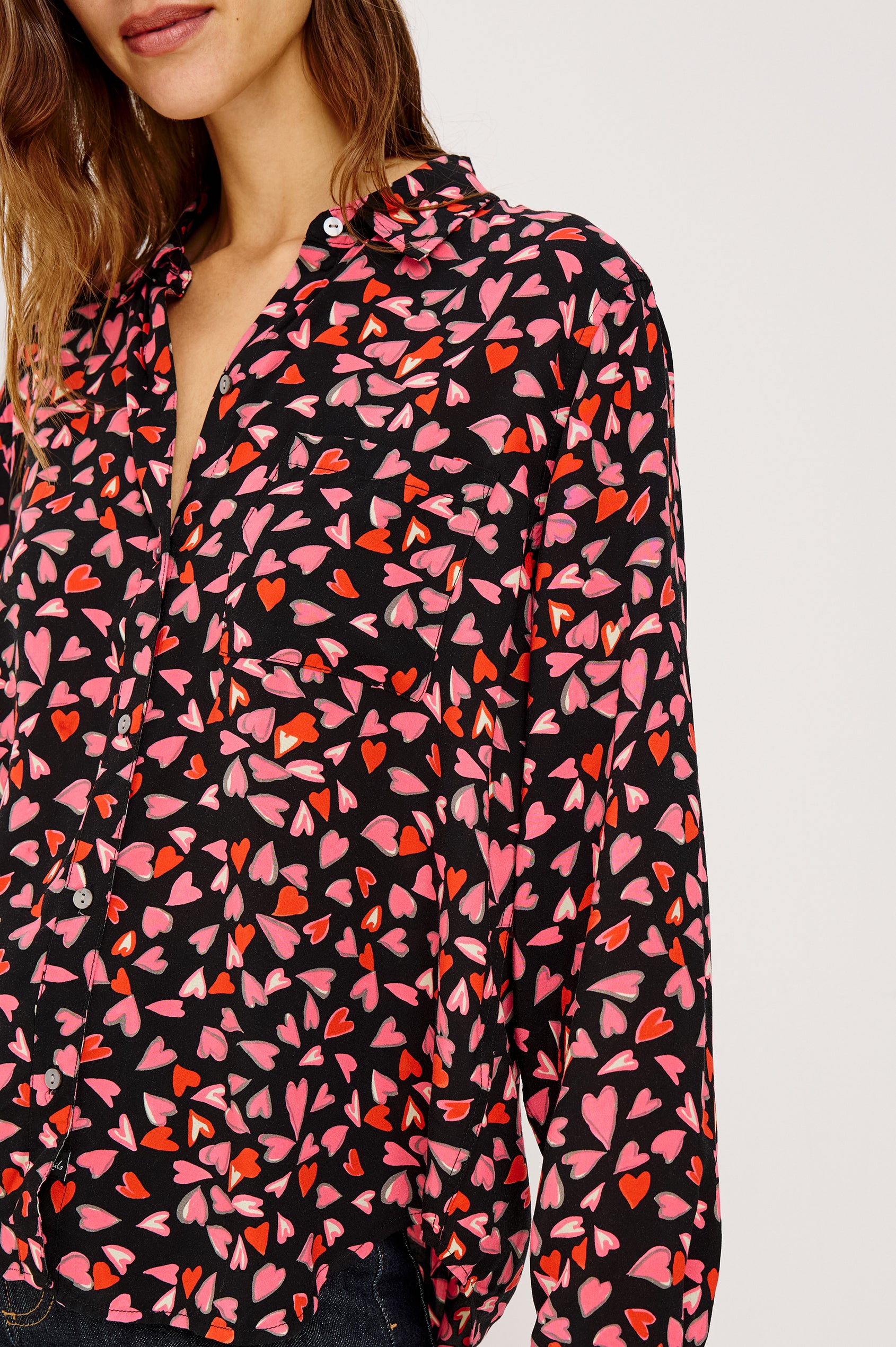 Josephine Button-Up Shirt in Rayon With Collar, Front Buttons, Chest Pockets, and Long Sleeves in Lovestruck Heart Colorway - Upper Body Close Up Front View Featured on Model
