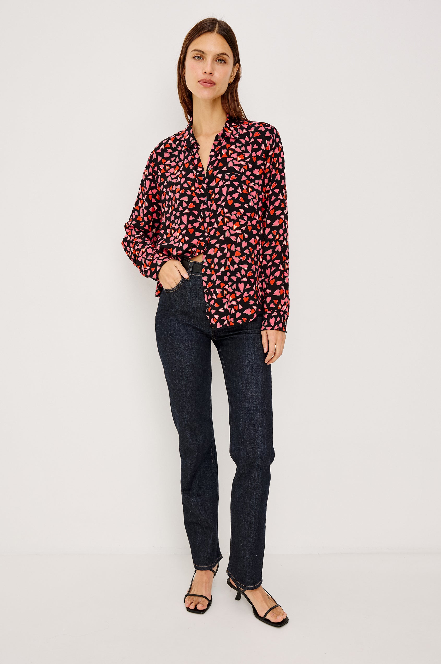 Josephine Button-Up Shirt in Rayon With Collar, Front Buttons, Chest Pockets, and Long Sleeves in Lovestruck Heart Colorway - Full Body Front View Featured on Model