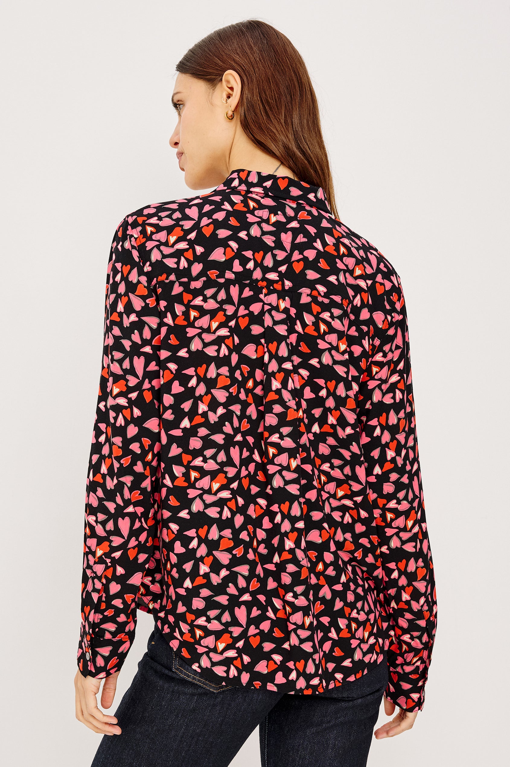 Josephine Button-Up Shirt in Rayon With Collar, Front Buttons, Chest Pockets, and Long Sleeves in Lovestruck Heart Colorway - Upper Body Back View Featured on Model