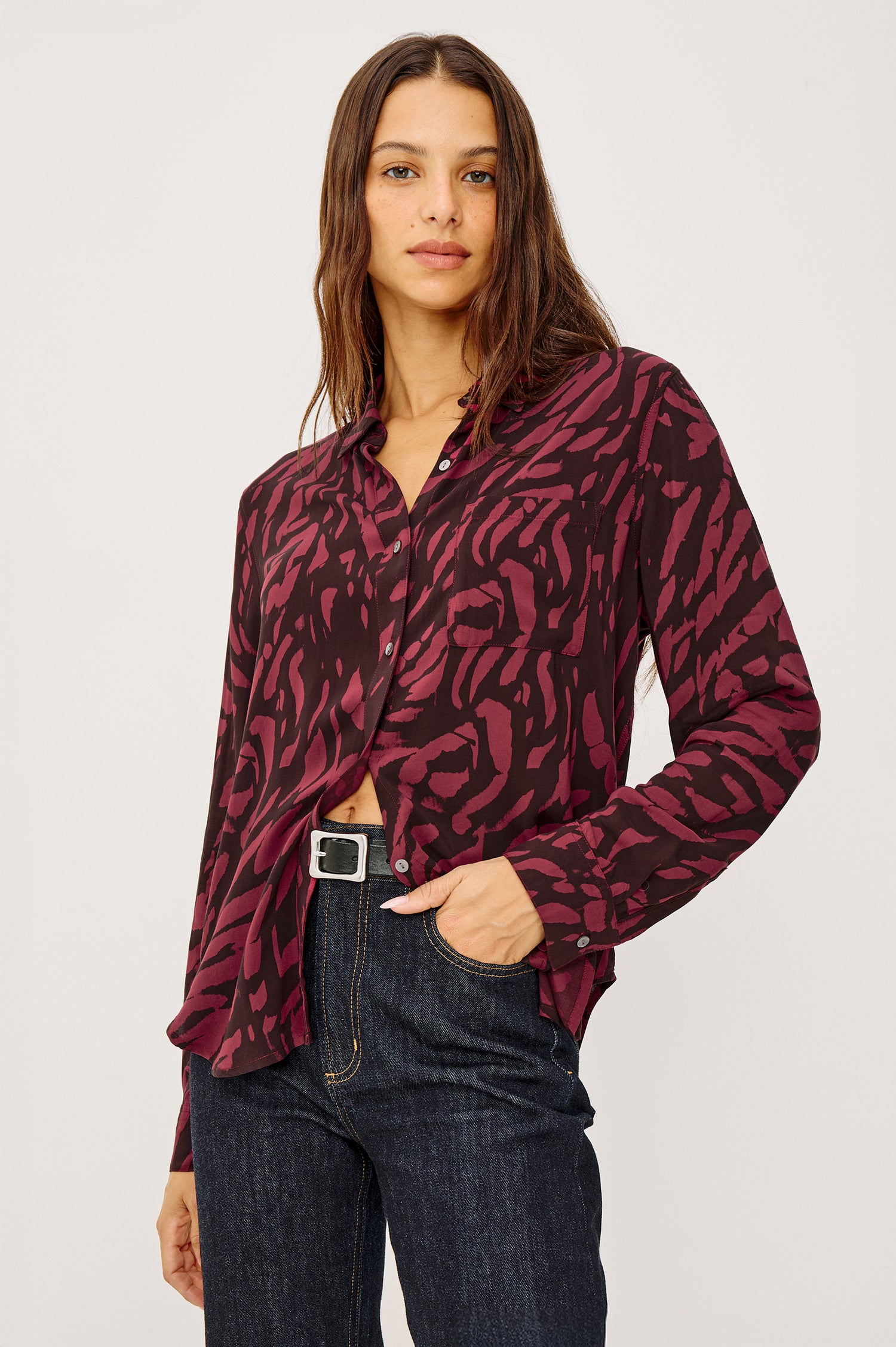 Josephine Button-Up Shirt in Rayon With Collar, Front Buttons, Chest Pockets, and Long Sleeves in Oxblood Tiger Stripe Colorway - Upper Body Front View Featured on Model
