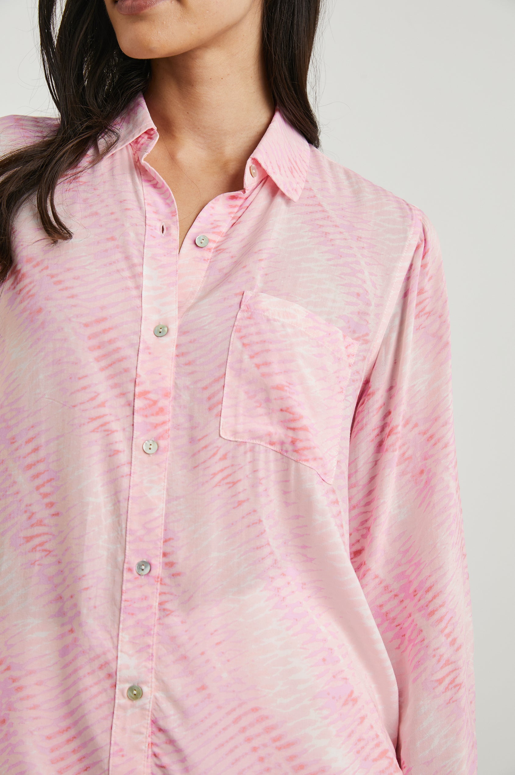 Josephine Long-Sleeve Button Down with a Chest Patch Pocket in Rose Reef Colorway, a pattern in pinks - Front View Featured on Model