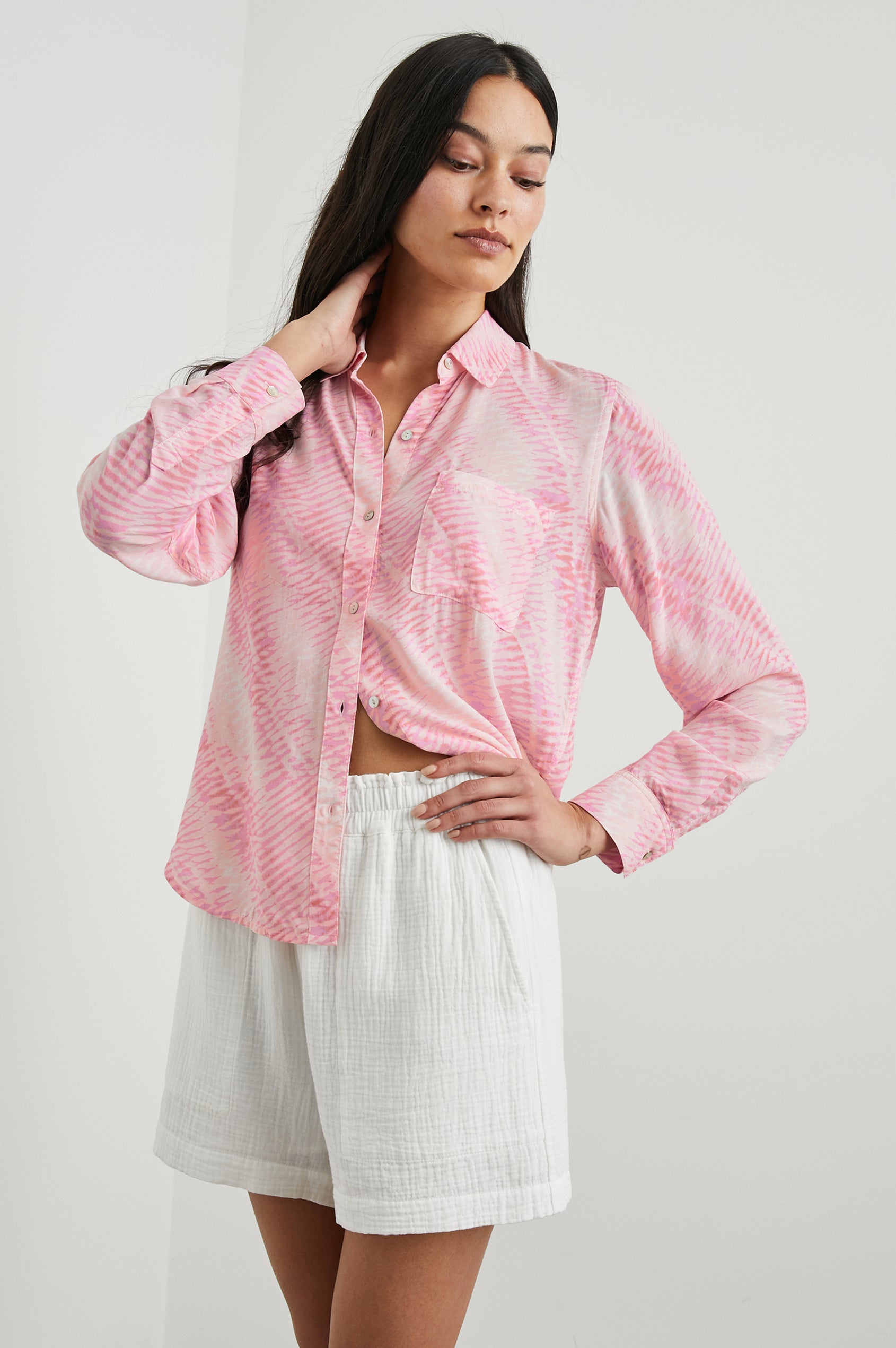 Josephine Long-Sleeve Button Down with a Chest Patch Pocket in Rose Reef Colorway, a pattern in pinks - Front View Featured on Model