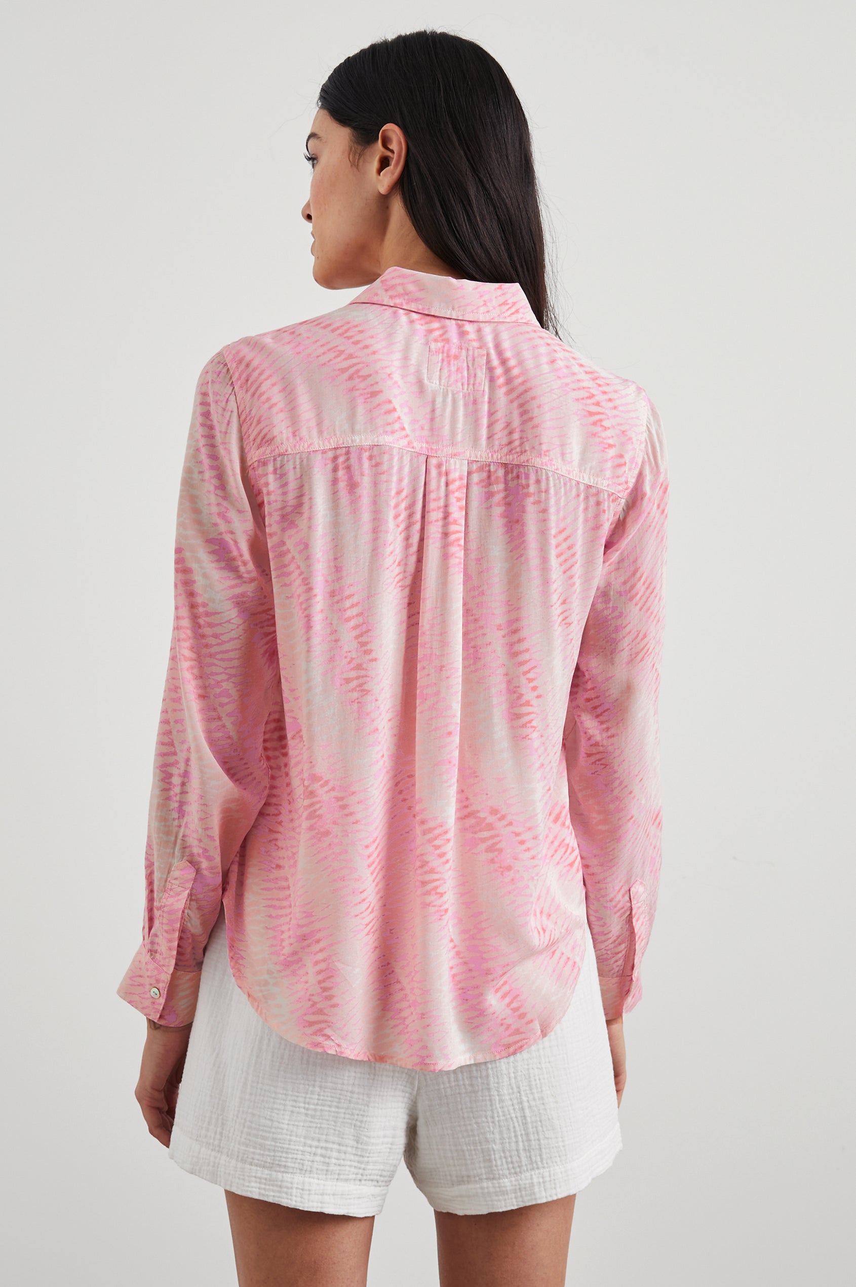Josephine Long-Sleeve Button Down with a Chest Patch Pocket in Rose Reef Colorway, a pattern in pinks - Back View Featured on Model