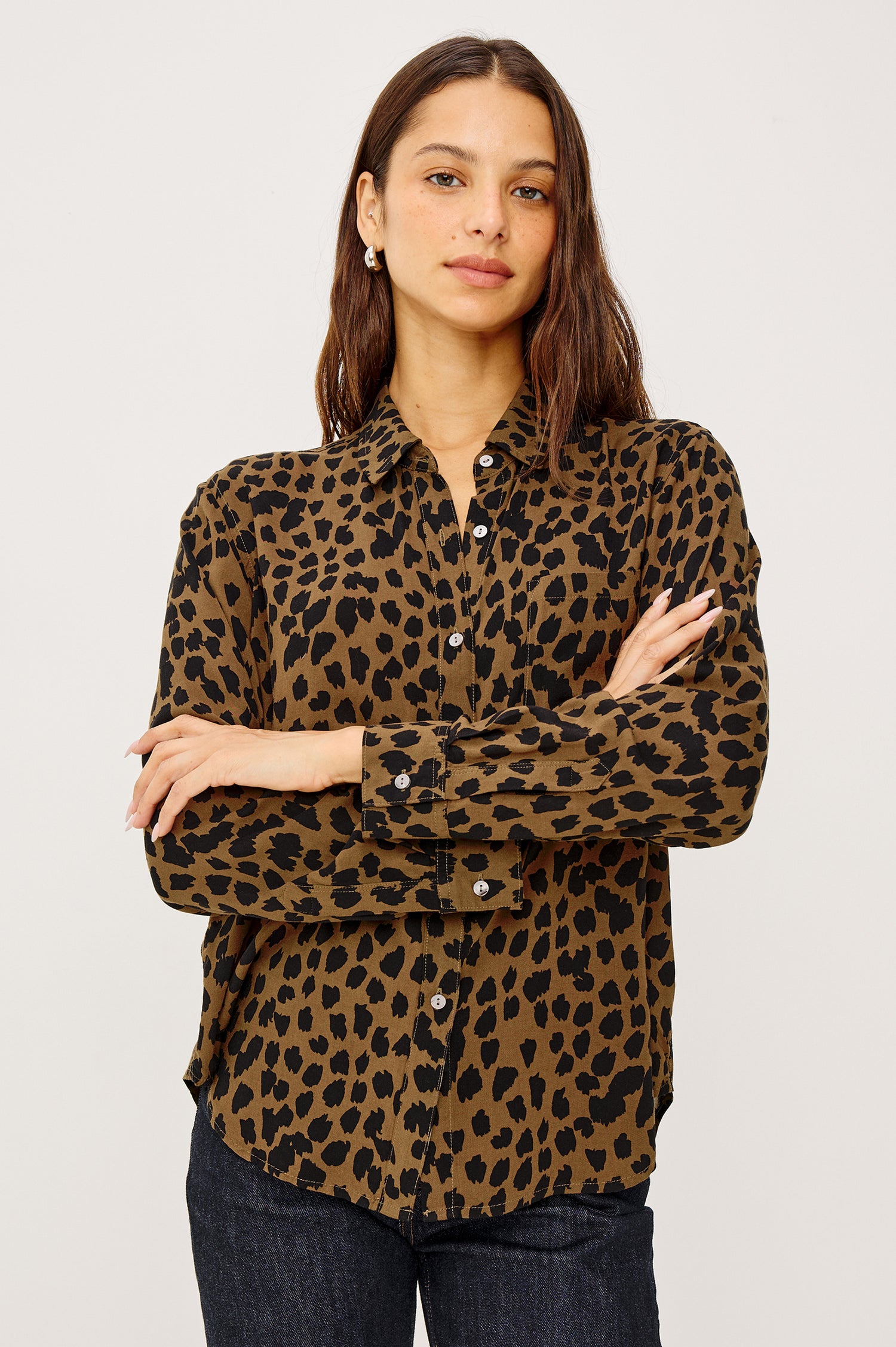 Josephine Button-Up Shirt in Rayon With Collar, Front Buttons, Chest Pockets, and Long Sleeves in Teak Spotted Colorway - Upper Body Front View Featured on Model