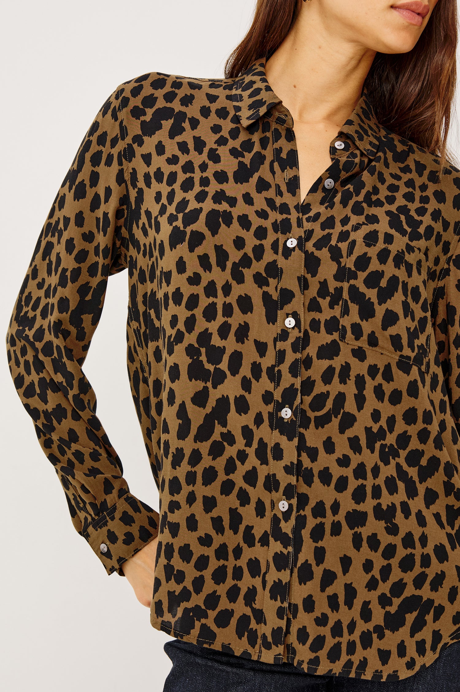 Josephine Button-Up Shirt in Rayon With Collar, Front Buttons, Chest Pockets, and Long Sleeves in Teak Spotted Colorway - Upper Body Front View Featured on Model
