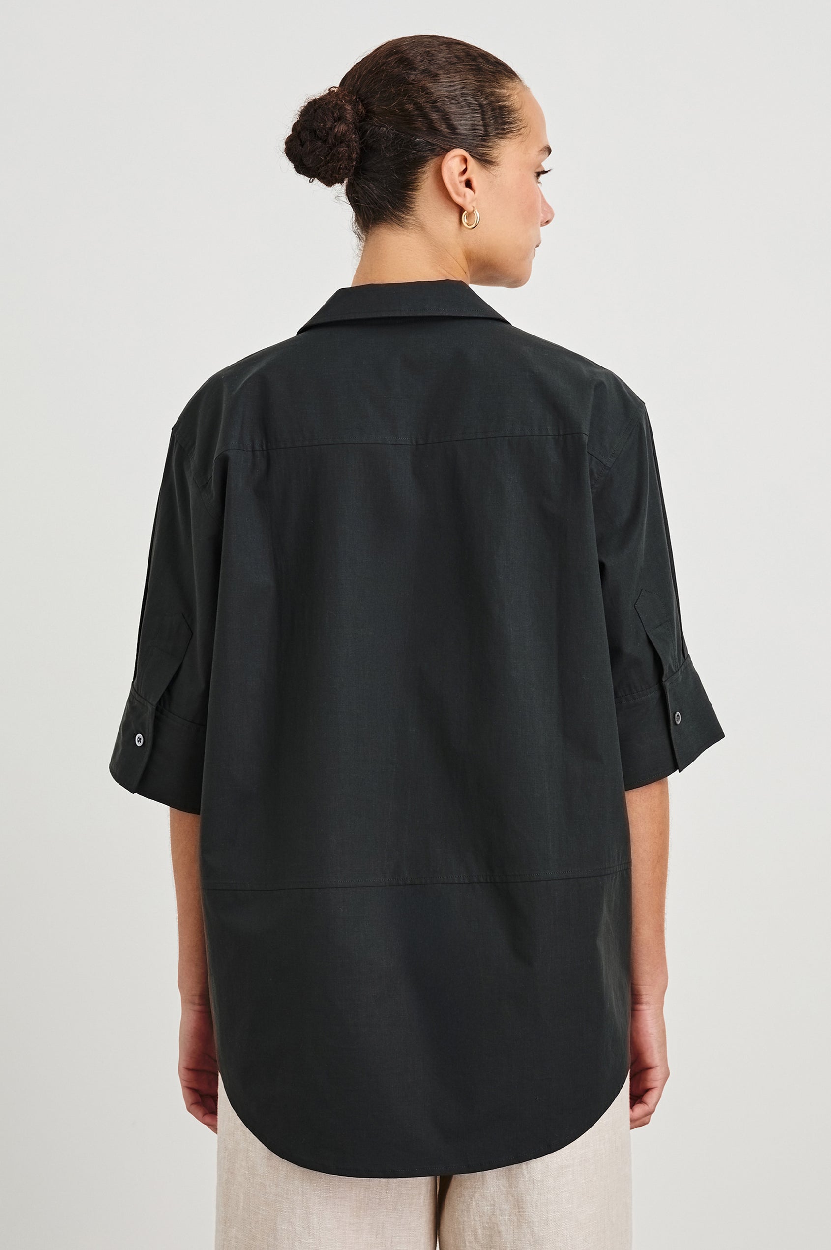 Juda 3/4 Sleeve Top With Front Placket And Collar In Colorway Black - back view on model