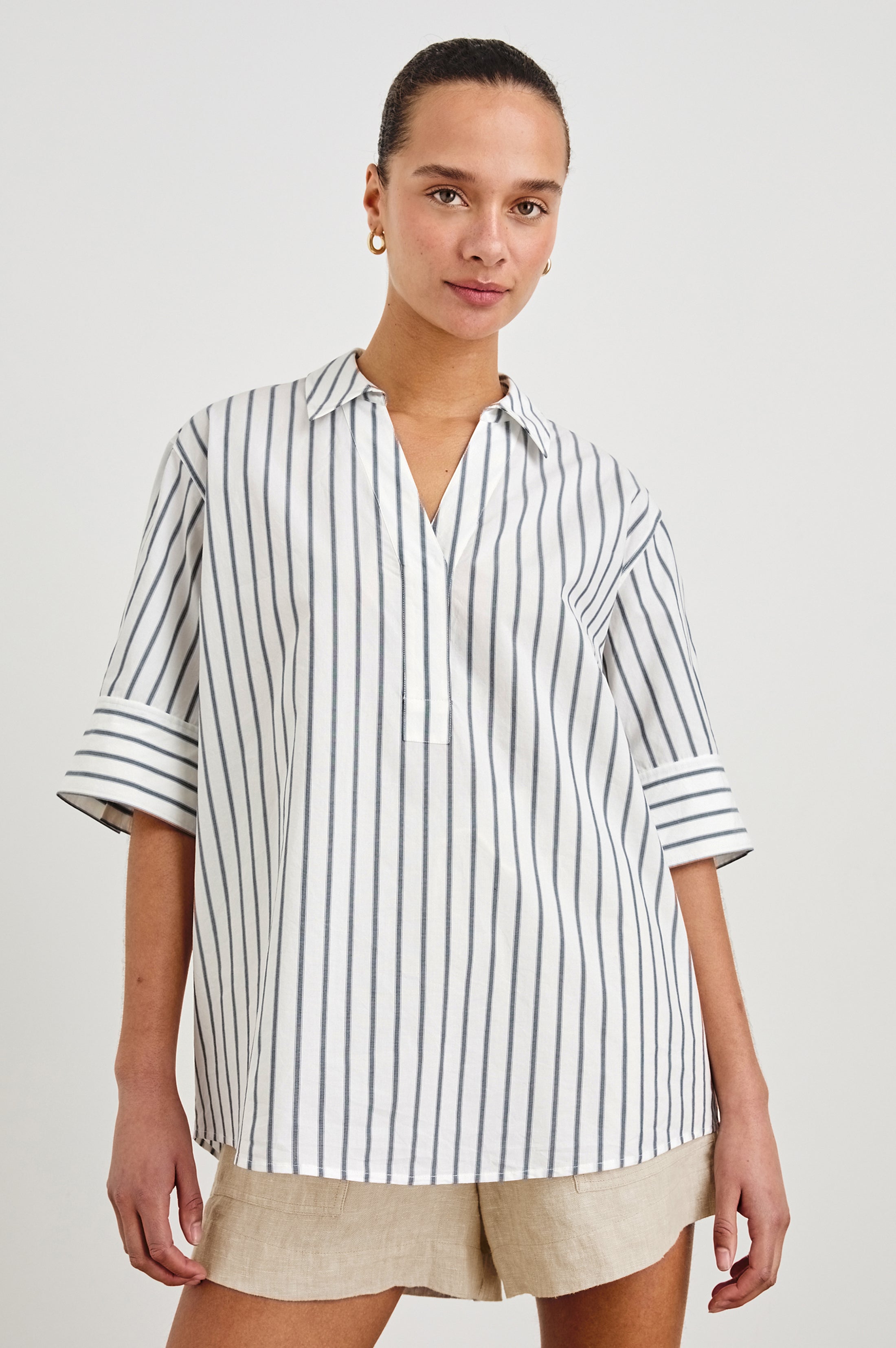 6roku＜Sara mallika > STRIPE SHRING TOP SARA MALLIKA/サラマリカ】Cotton Wave Stripe Print Sh：ブラウス