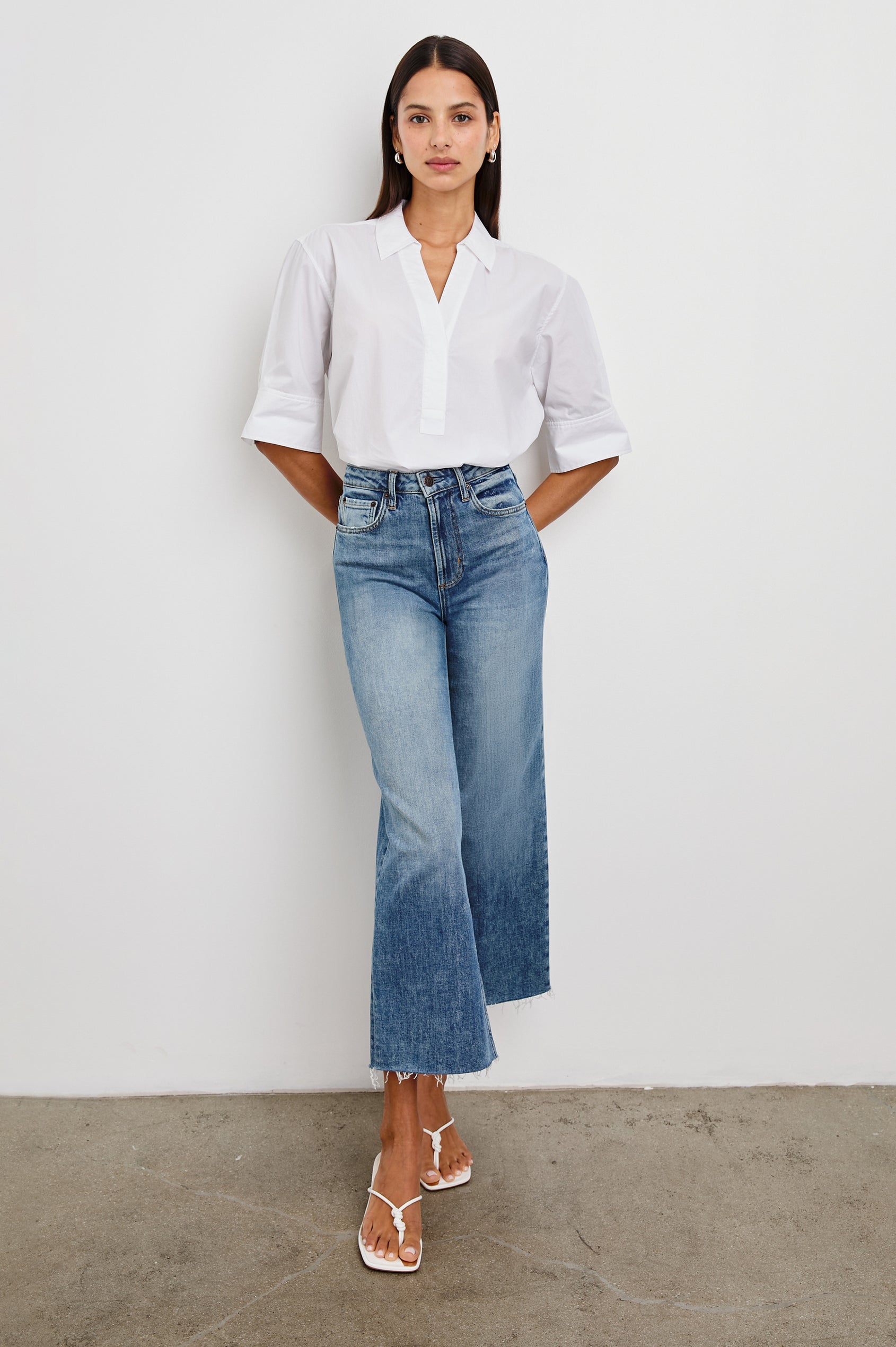 Juda 3/4 Sleeve Top With Front Placket And Collar In Colorway White - Full Front Body View Tucked In Featured On Model