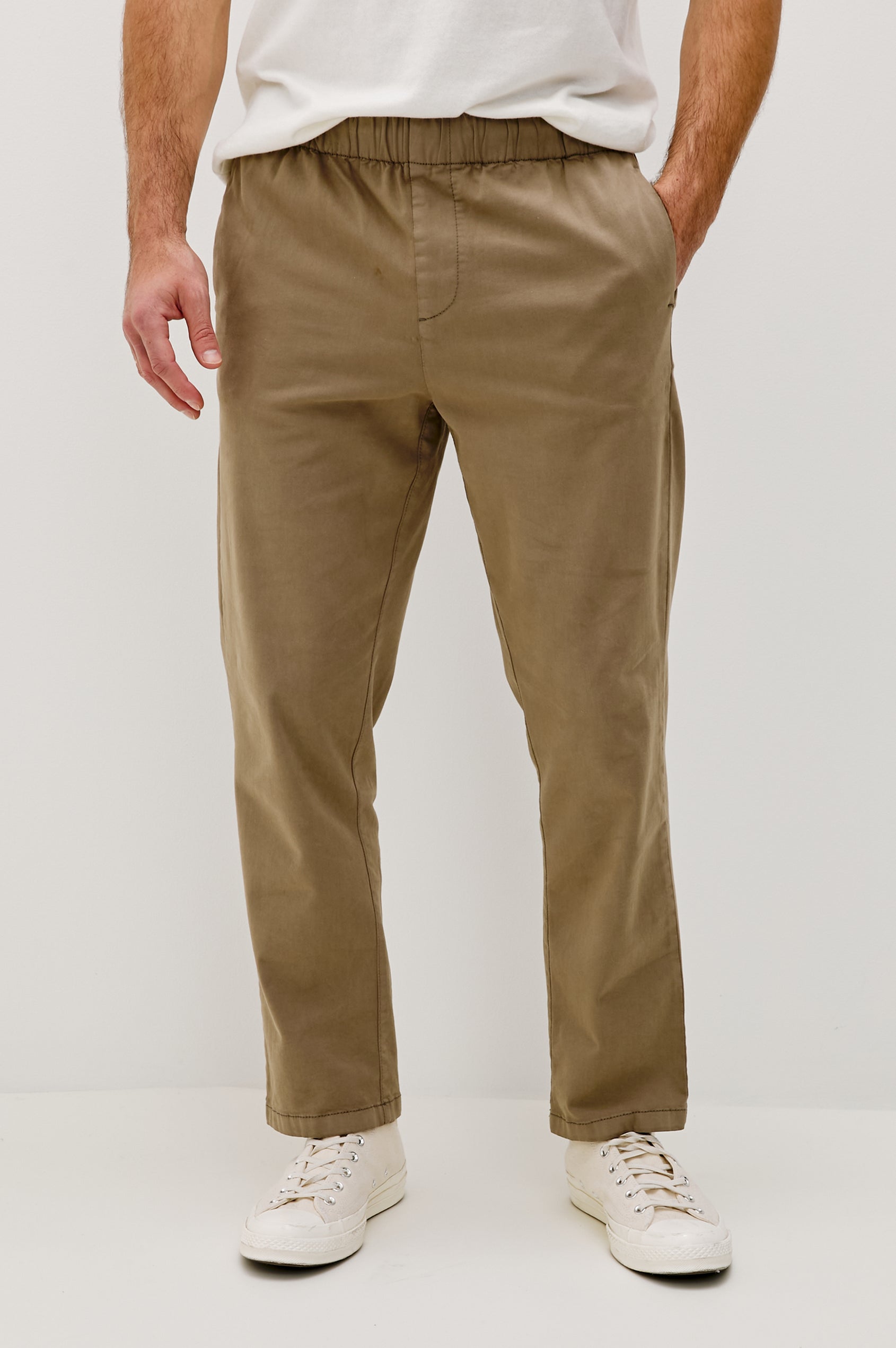 Julian Pants with an Elastic Waist, Two Front Pockets and Two Back Welt Pockets in Barley Colorway - Front View Featured on Model 
