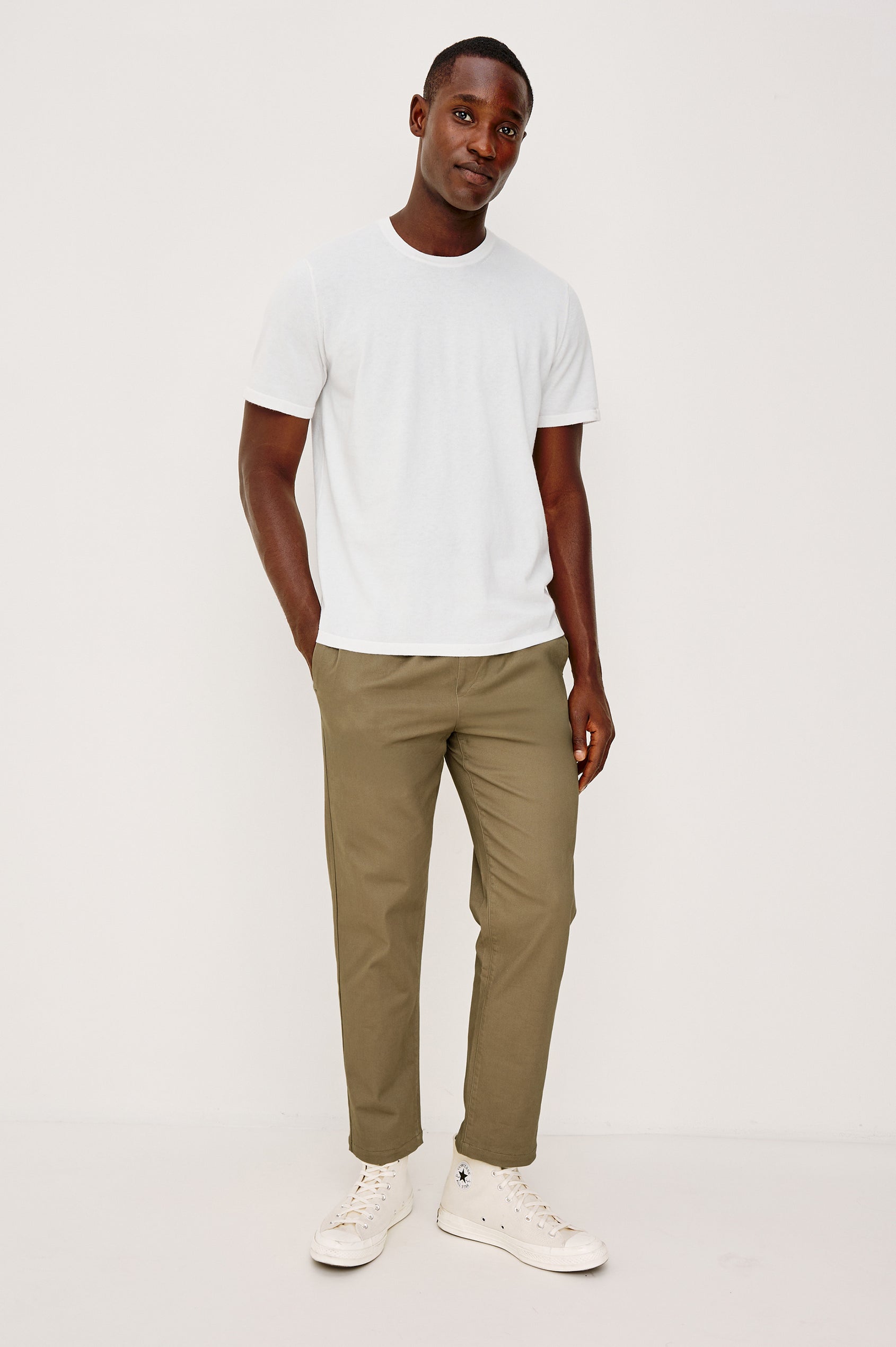 Julian Relaxed Slim Pant in Cotton Blend With Elastic Waist, Back Welt Pockets, and Garment-Dyed for Lived-in Look in Barley Colorway - Full Body Front View Featured on Model