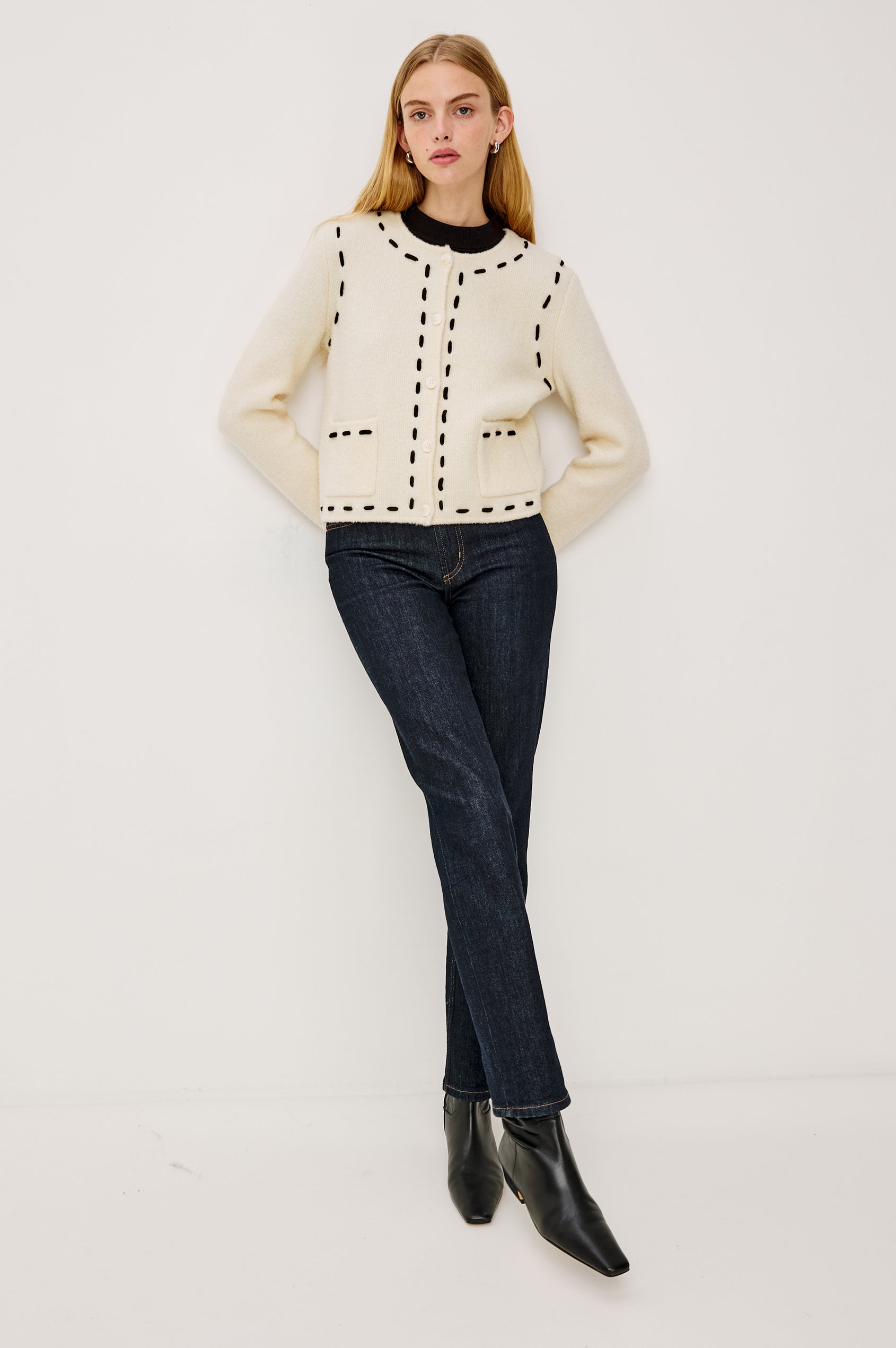 Juliette Long-Sleeve Cardigan with Button Closure, Two Front Patch Pockets, and Crew Neck in Ivory Colorway, with Black Trim Stitching - Full Body Front View Featured on Model