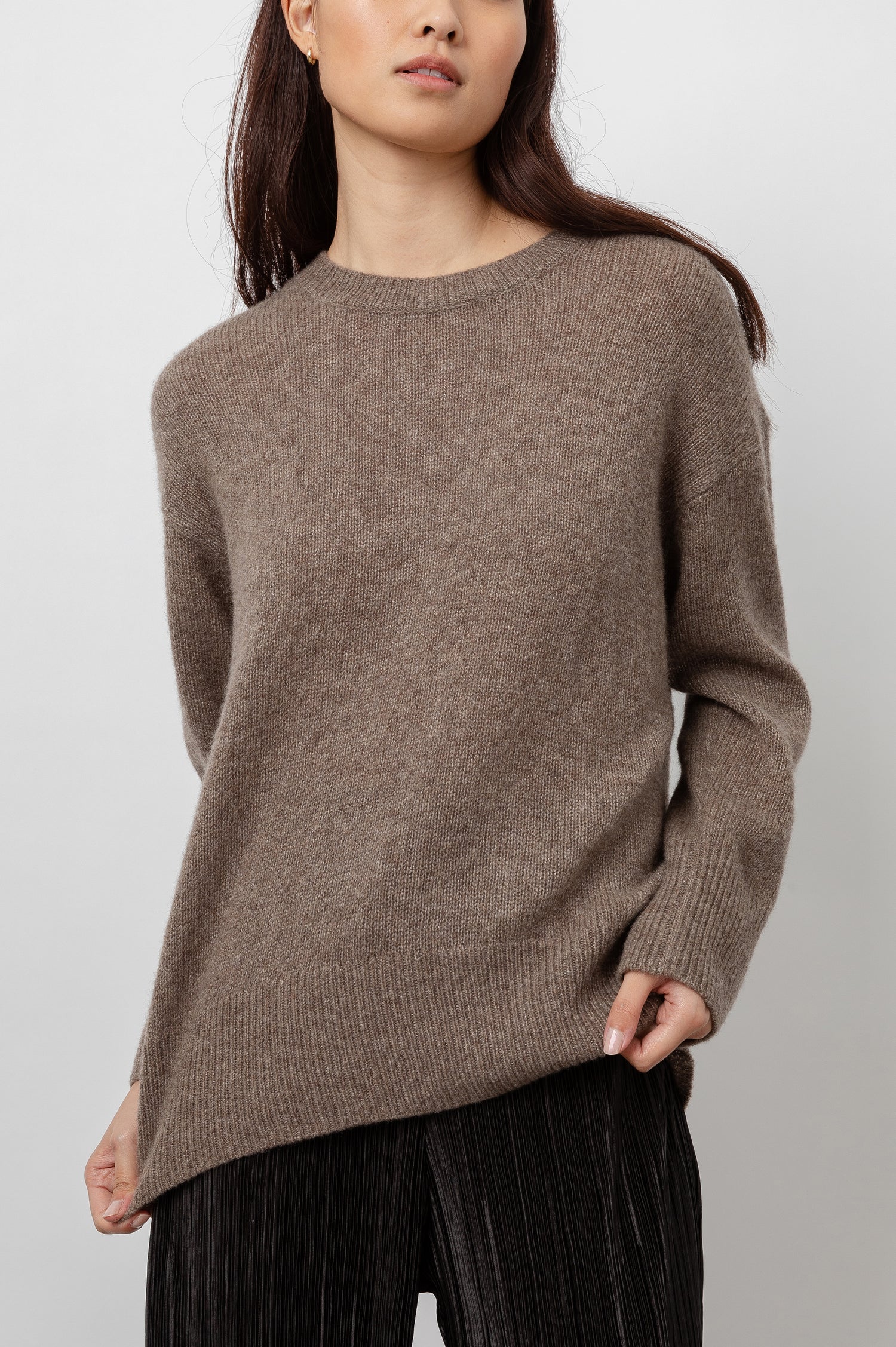 Juno Long-Sleeve Sweater with Crew Neck and Ribbed Trim in Hazelnut Colorway - Front View Featured on Model 