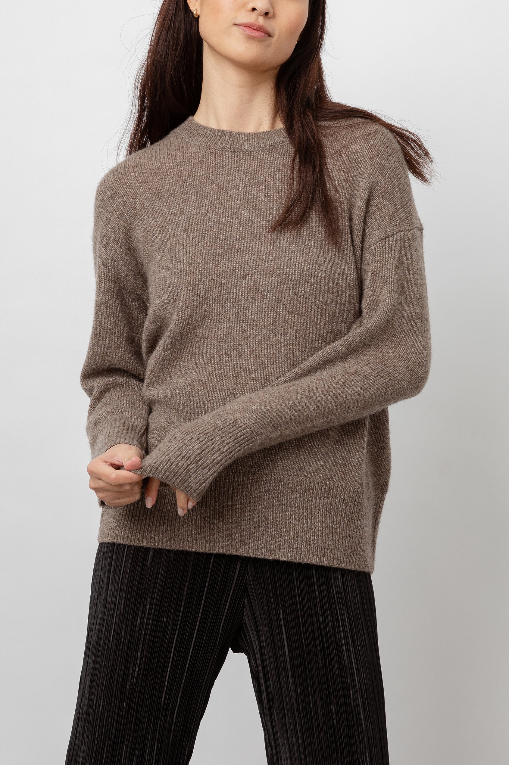 Juno Long-Sleeve Sweater with Crew Neck and Ribbed Trim in Hazelnut Colorway - Front View Featured on Model 