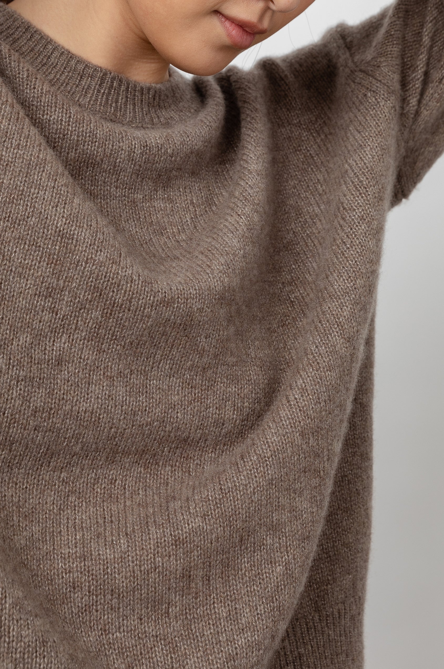 Juno Long-Sleeve Sweater with Crew Neck and Ribbed Trim in Hazelnut Colorway - Front View Featured on Model 