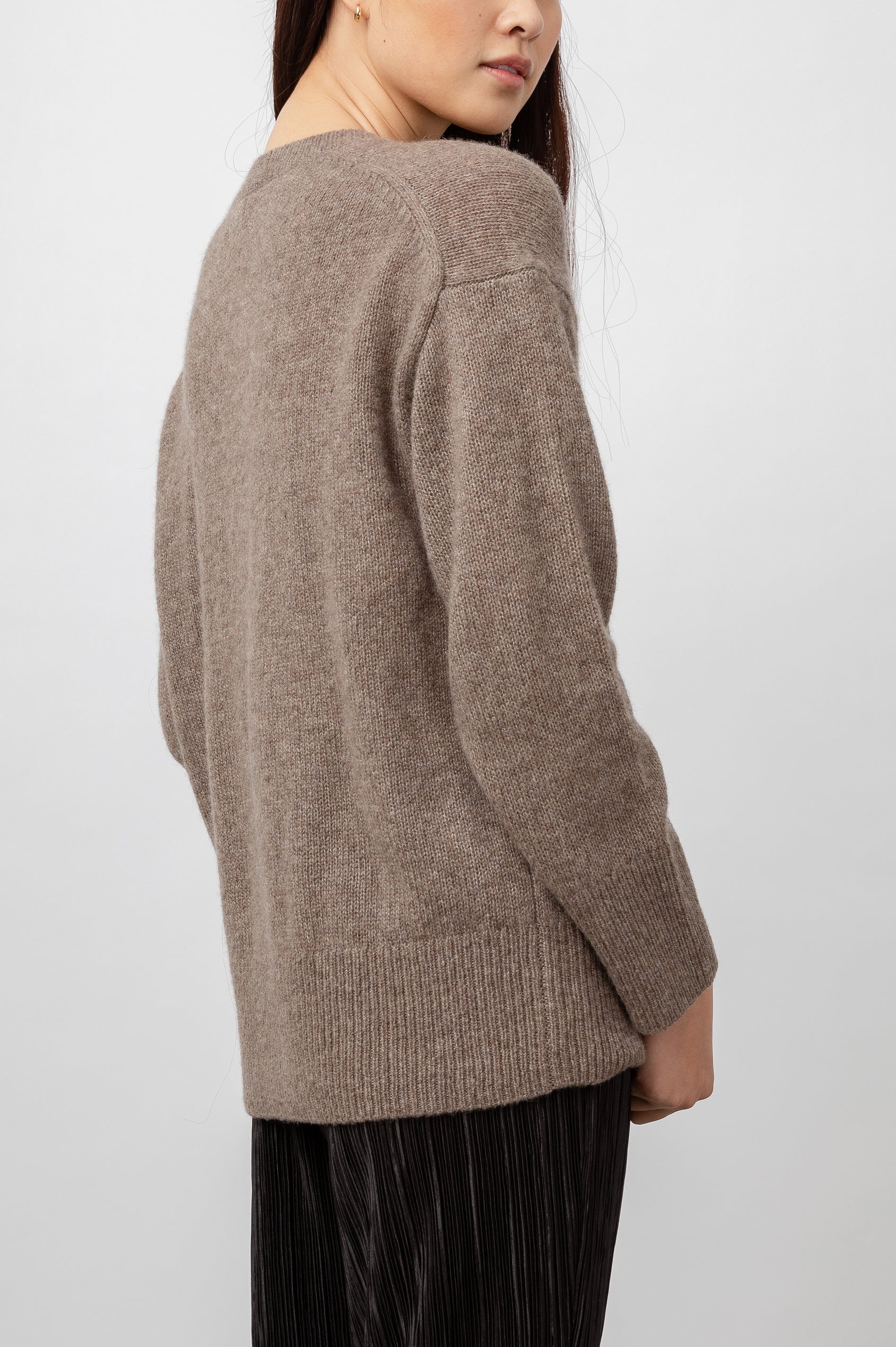 Juno Long-Sleeve Sweater with Crew Neck and Ribbed Trim in Hazelnut Colorway - Side View Featured on Model 