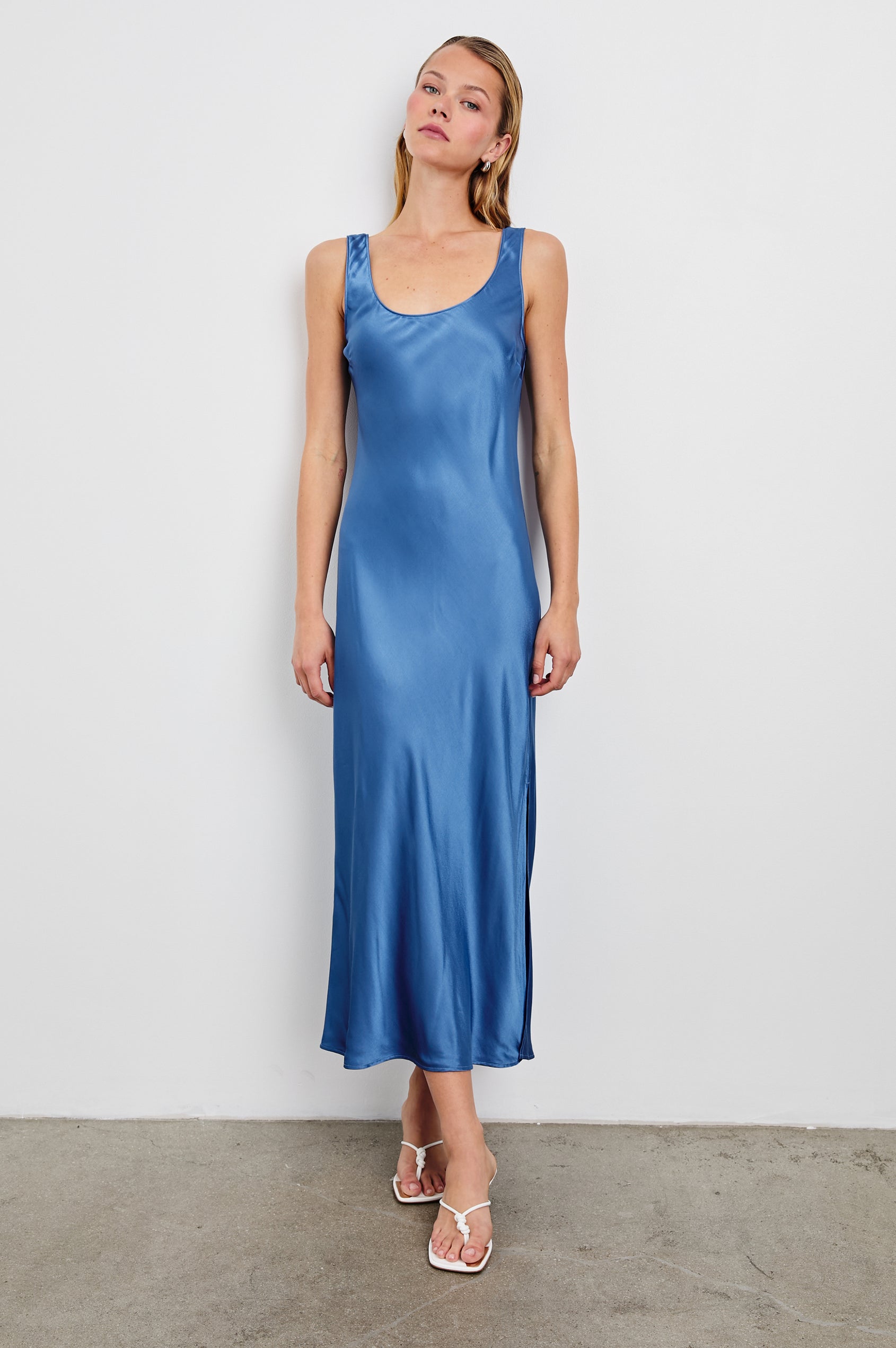 Kailani Sleeveless Midi Dress with Shoulder Straps, a Scoop Neck and Side Slit to the Knee in Atlantic Colorway - Front Full Body View Featured on Model