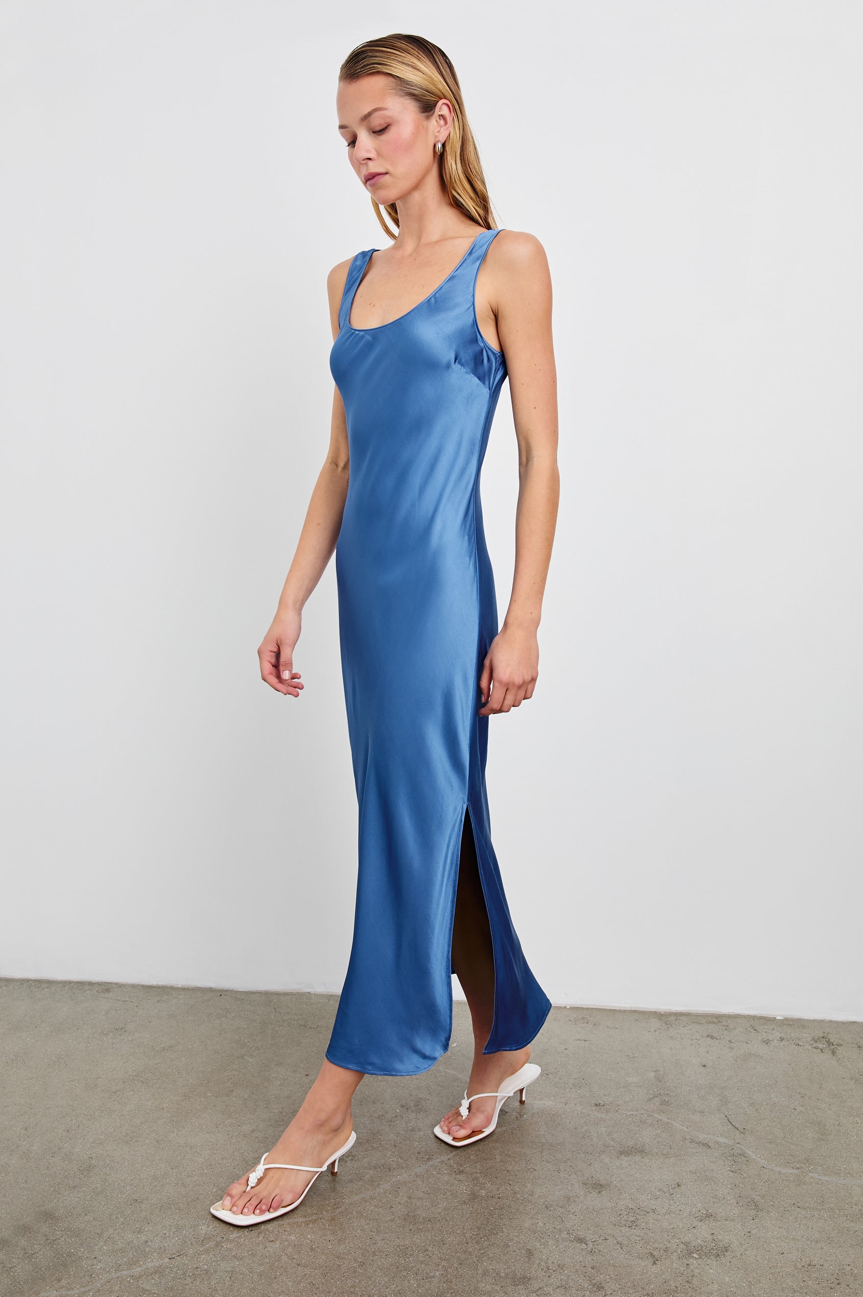 Kailani Sleeveless Midi Dress with Shoulder Straps, a Scoop Neck and Side Slit to the Knee in Atlantic Colorway - Front Full Body View Featured on Model