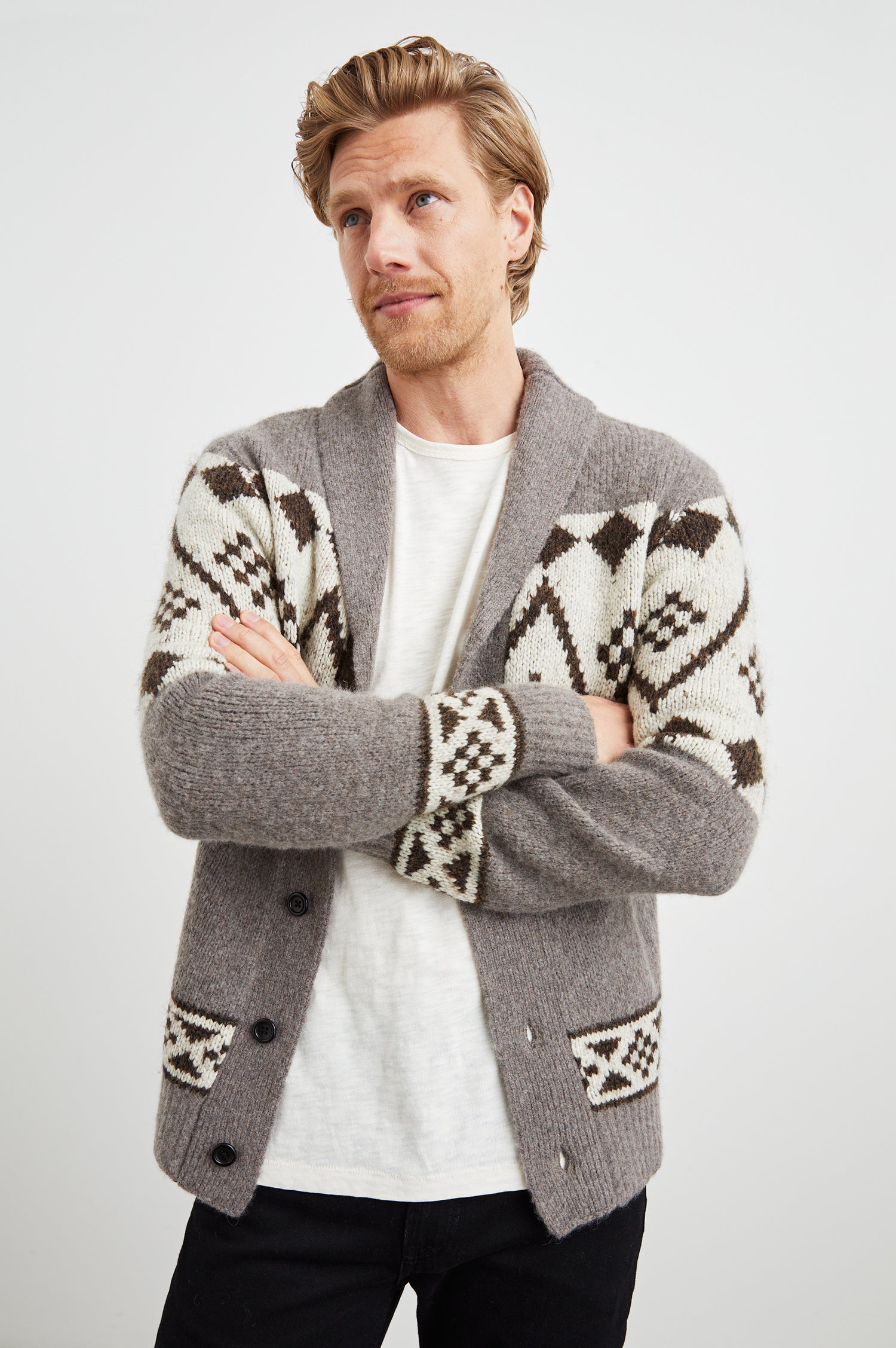 Men's Kallio button-front cardigan in a maple and oat beige heathered knit. Front view of model featured.