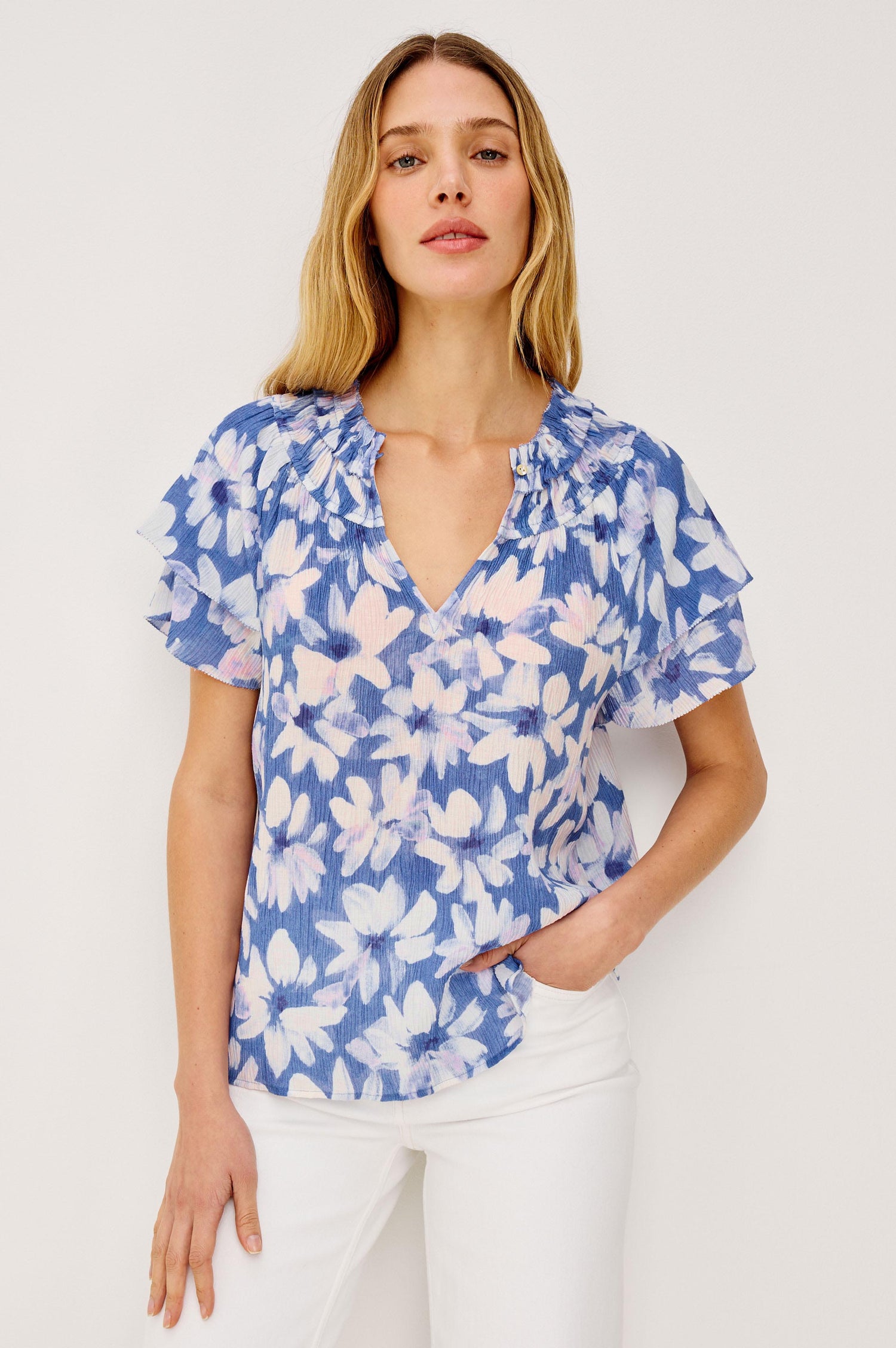 Kamila Top in Chiffon With Elastic Ruffle Collar, V-Neck, and Tiered Flutter Sleeves in Blue Amaranth Colorway - Upper Body Front View Featured on Model